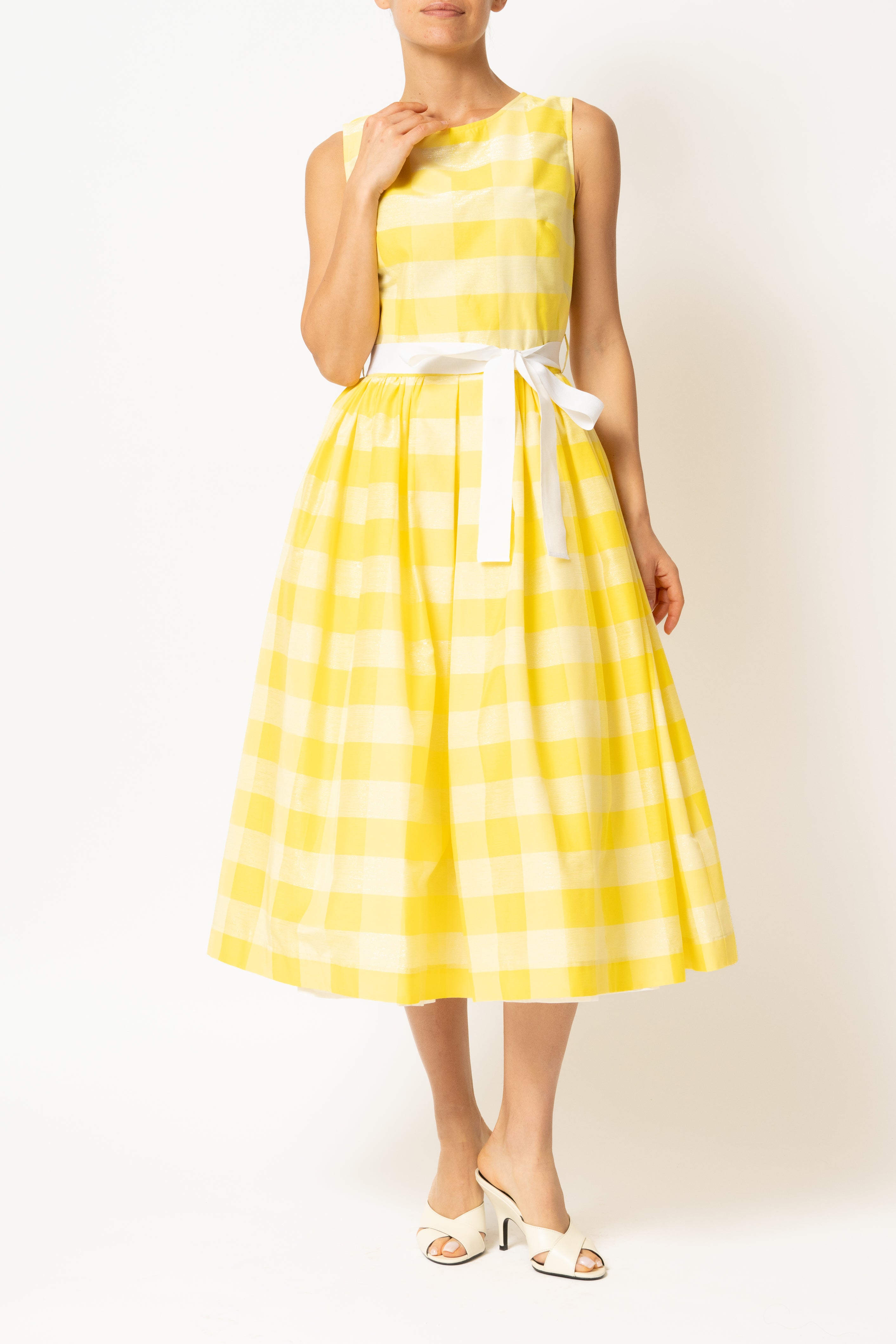 Light blue checked cotton midi dress with white cuffs and collar