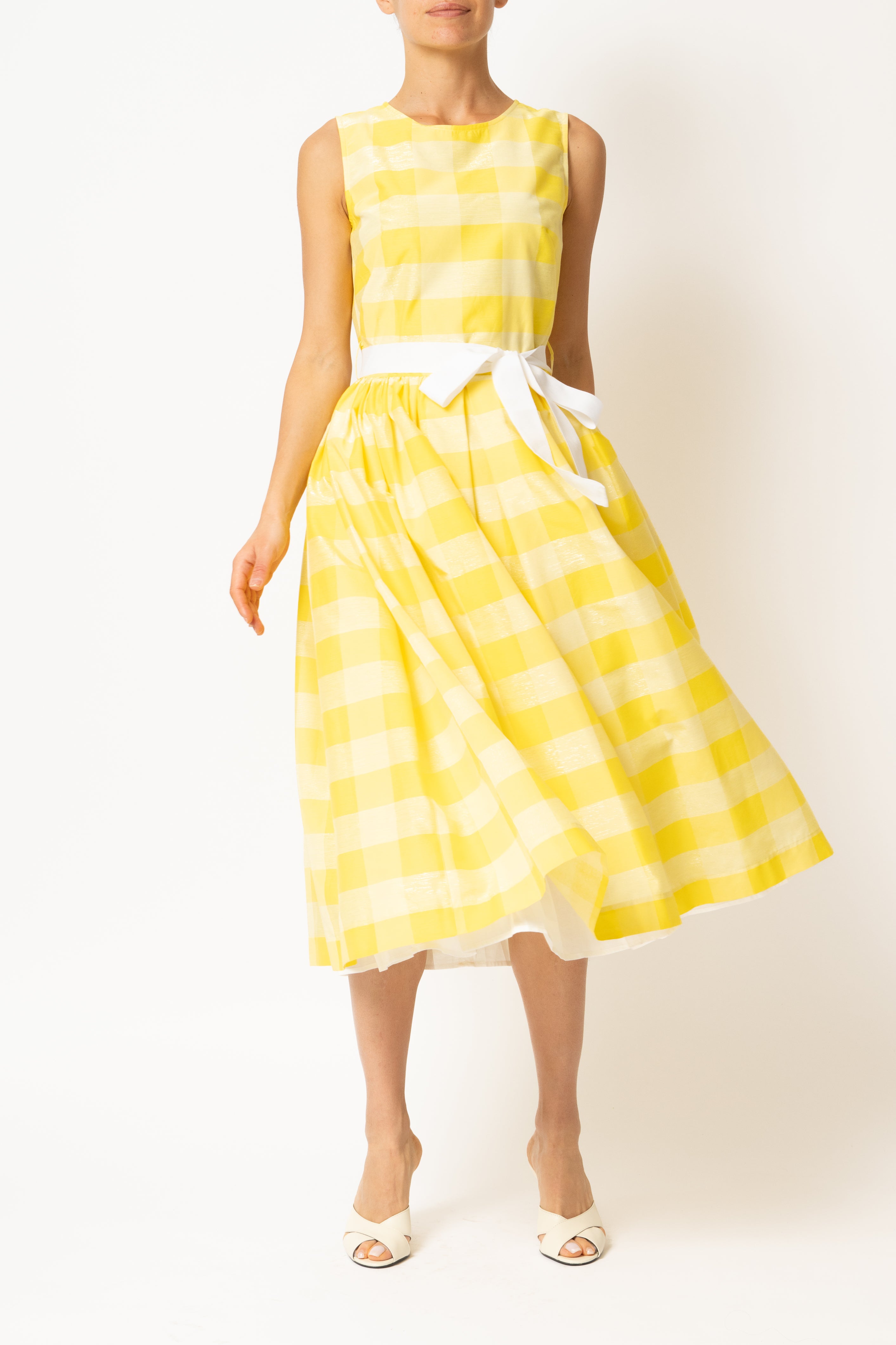 Light blue checked cotton midi dress with white cuffs and collar