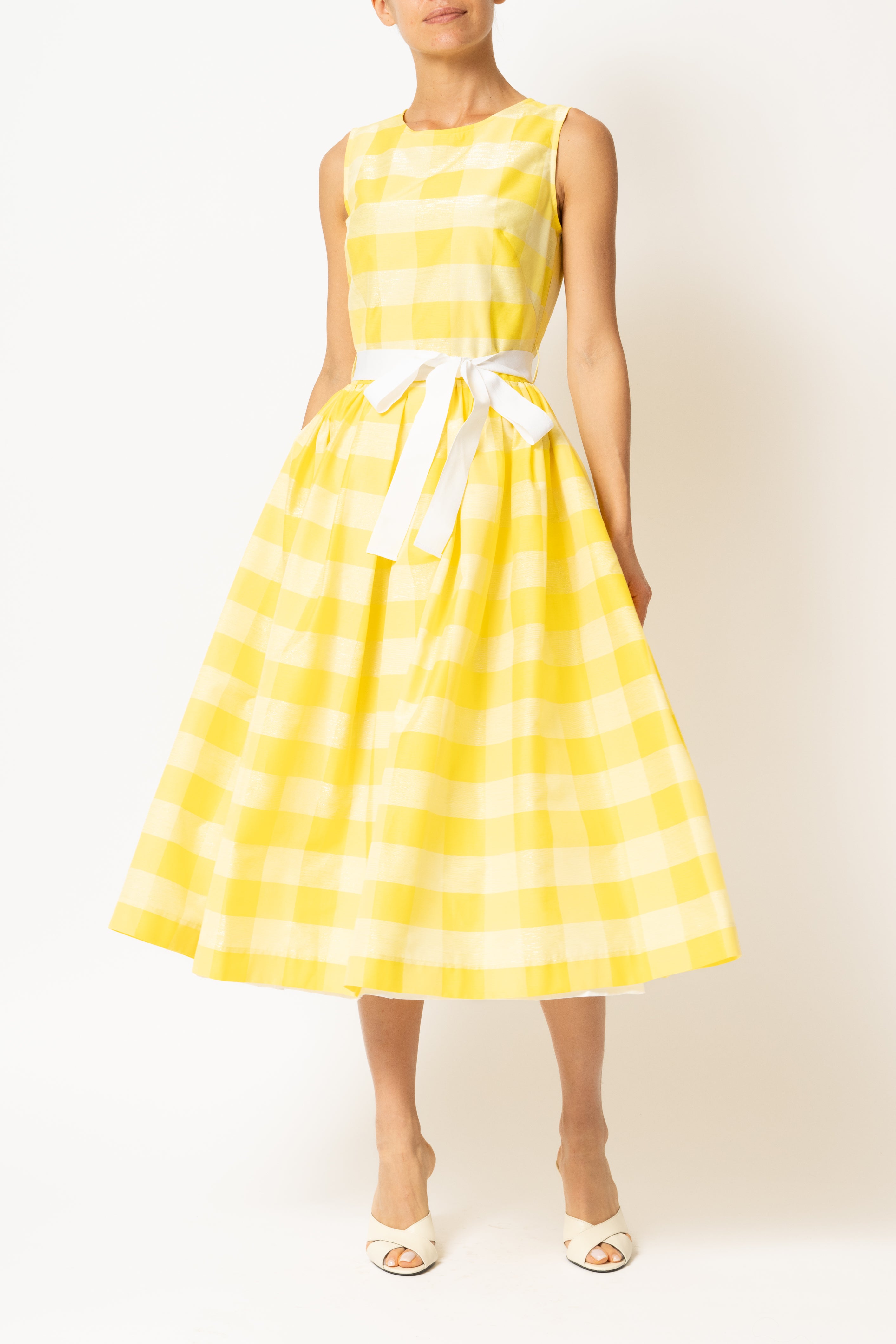 Light blue checked cotton midi dress with white cuffs and collar