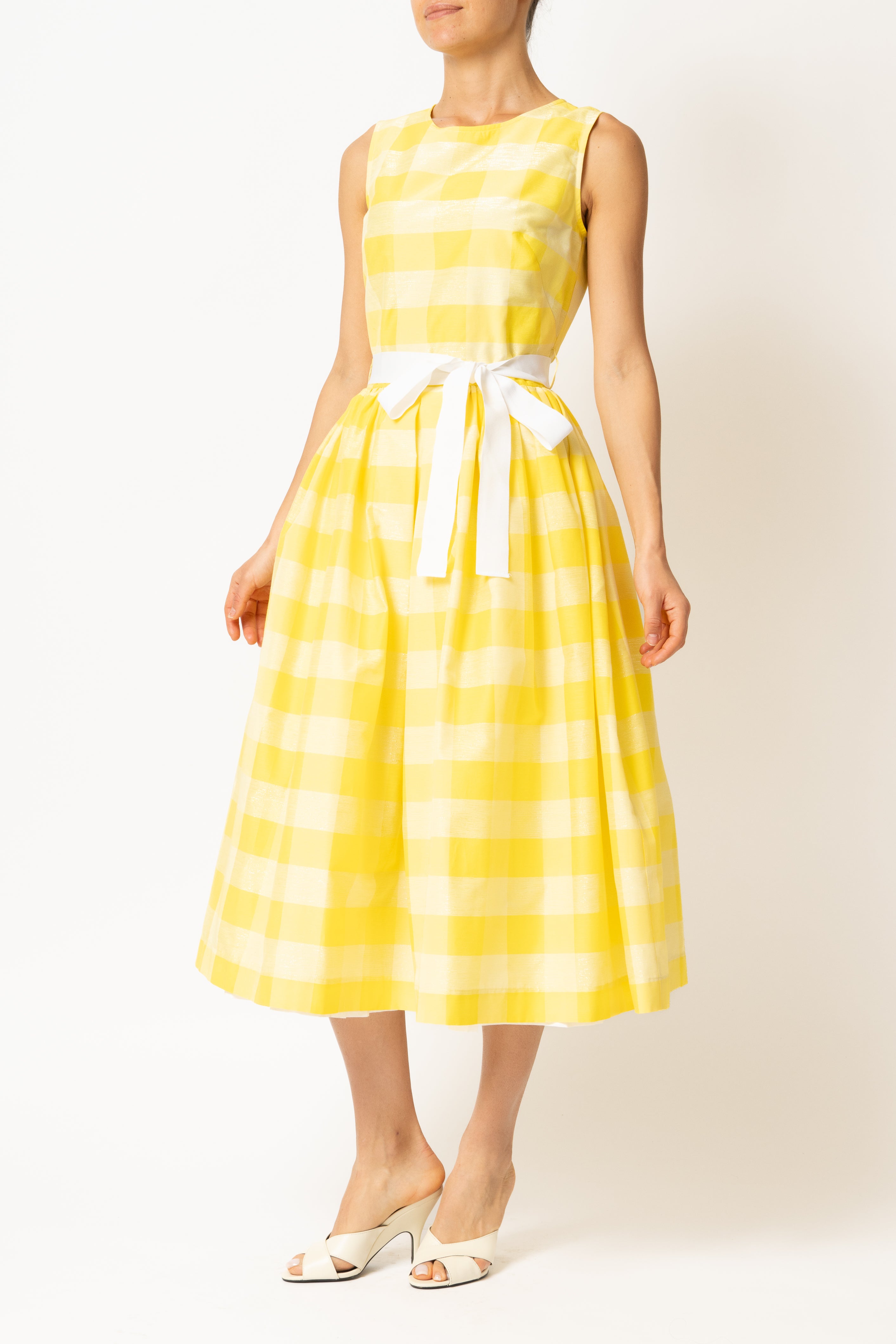 Light blue checked cotton midi dress with white cuffs and collar