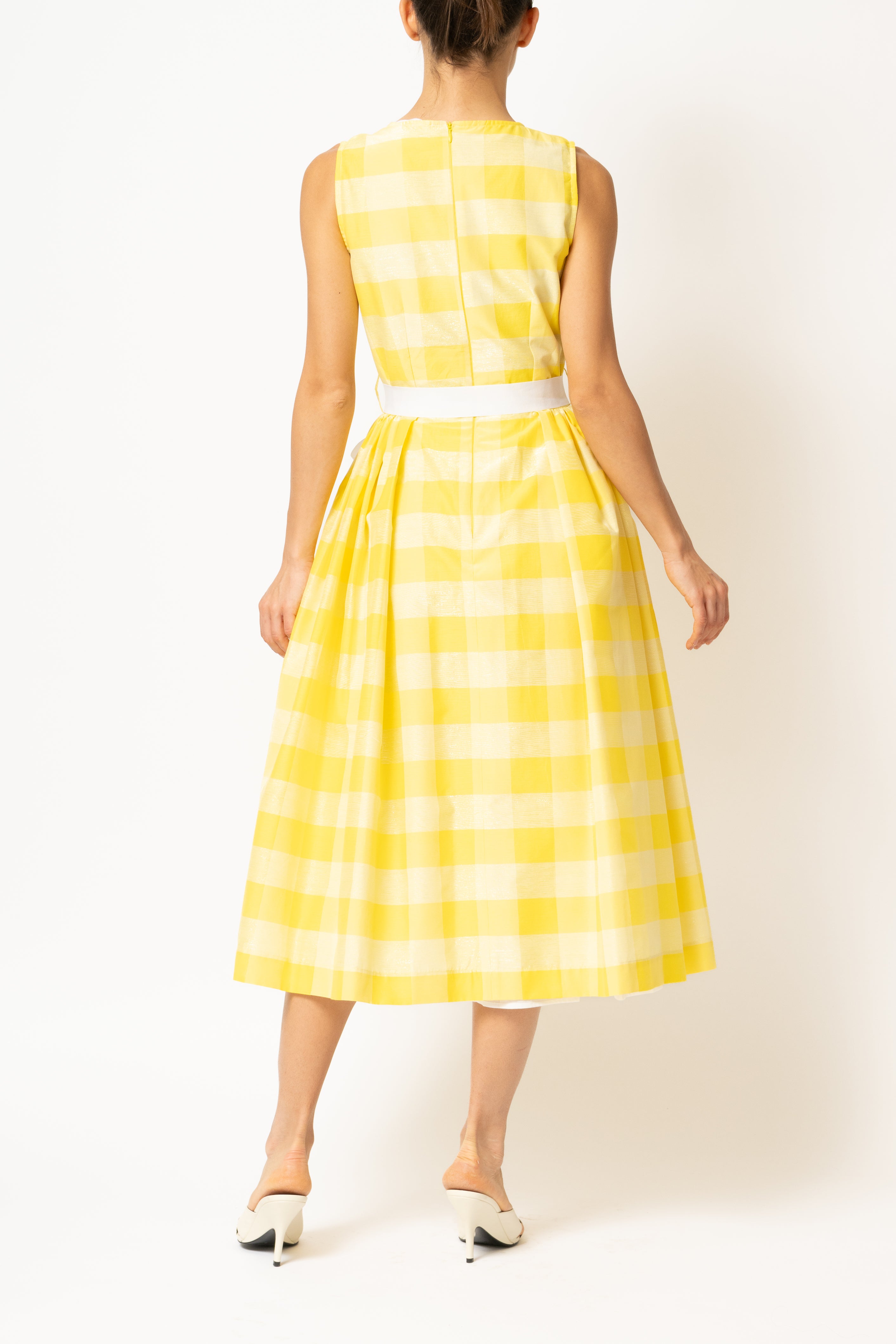 Light blue checked cotton midi dress with white cuffs and collar