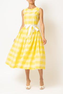Light blue checked cotton midi dress with white cuffs and collar