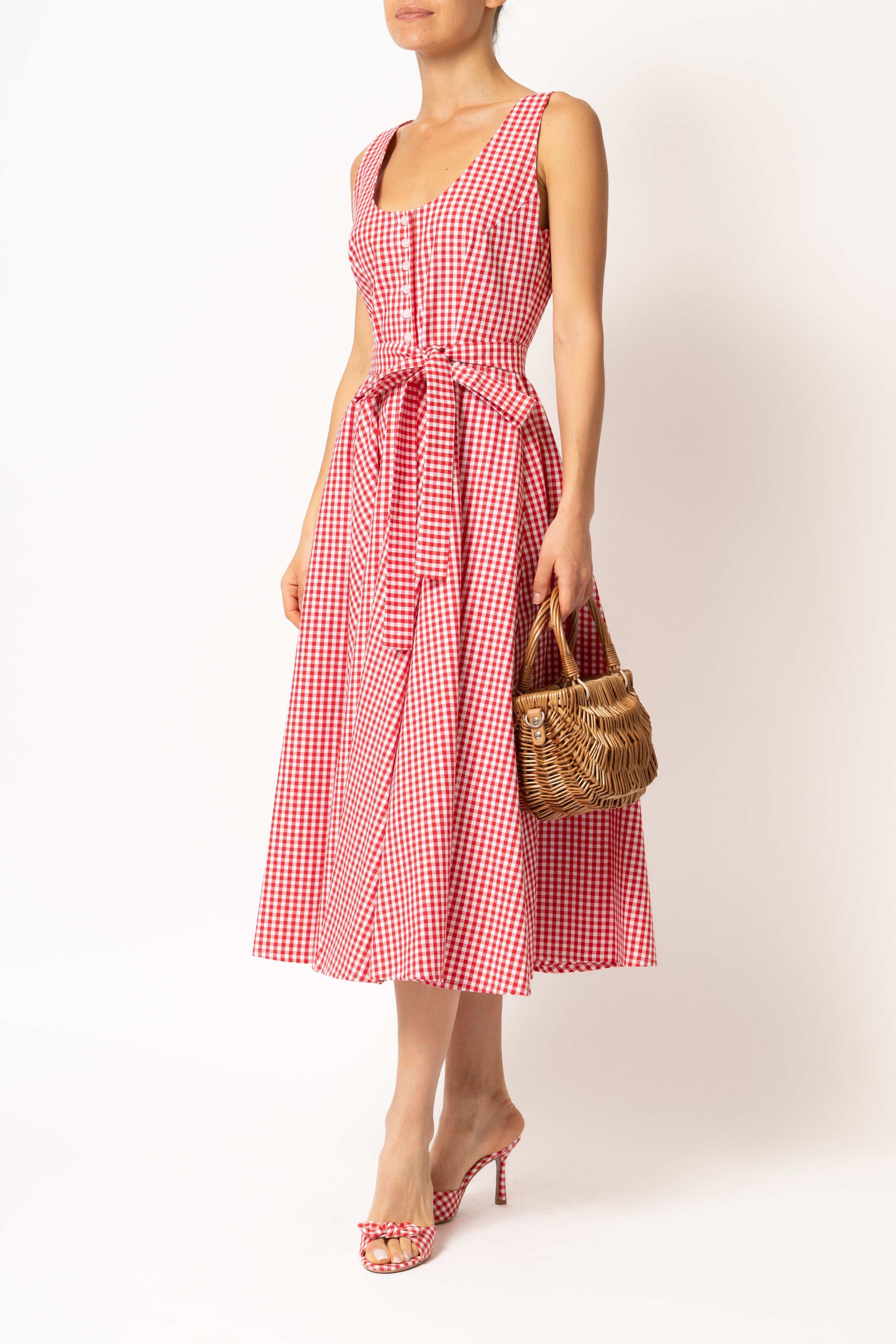 Rochie Midi cu Decolteu Rotund, din Bumbac in Carouri Rosii