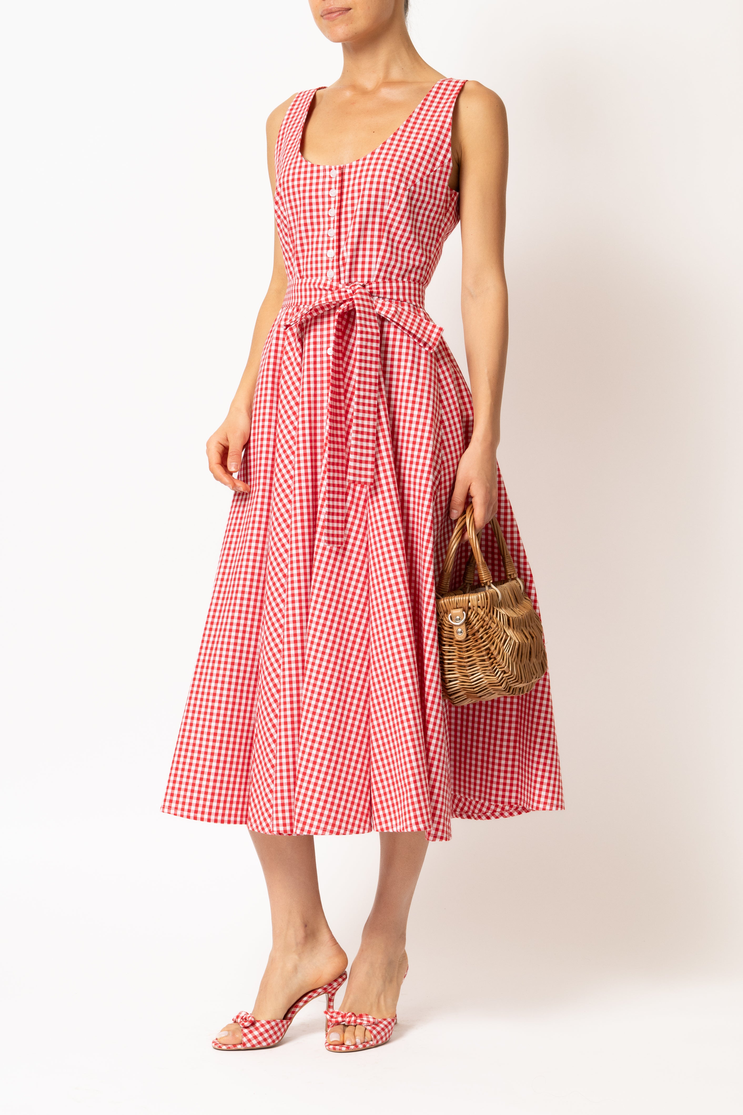 Rochie Midi cu Decolteu Rotund, din Bumbac in Carouri Rosii