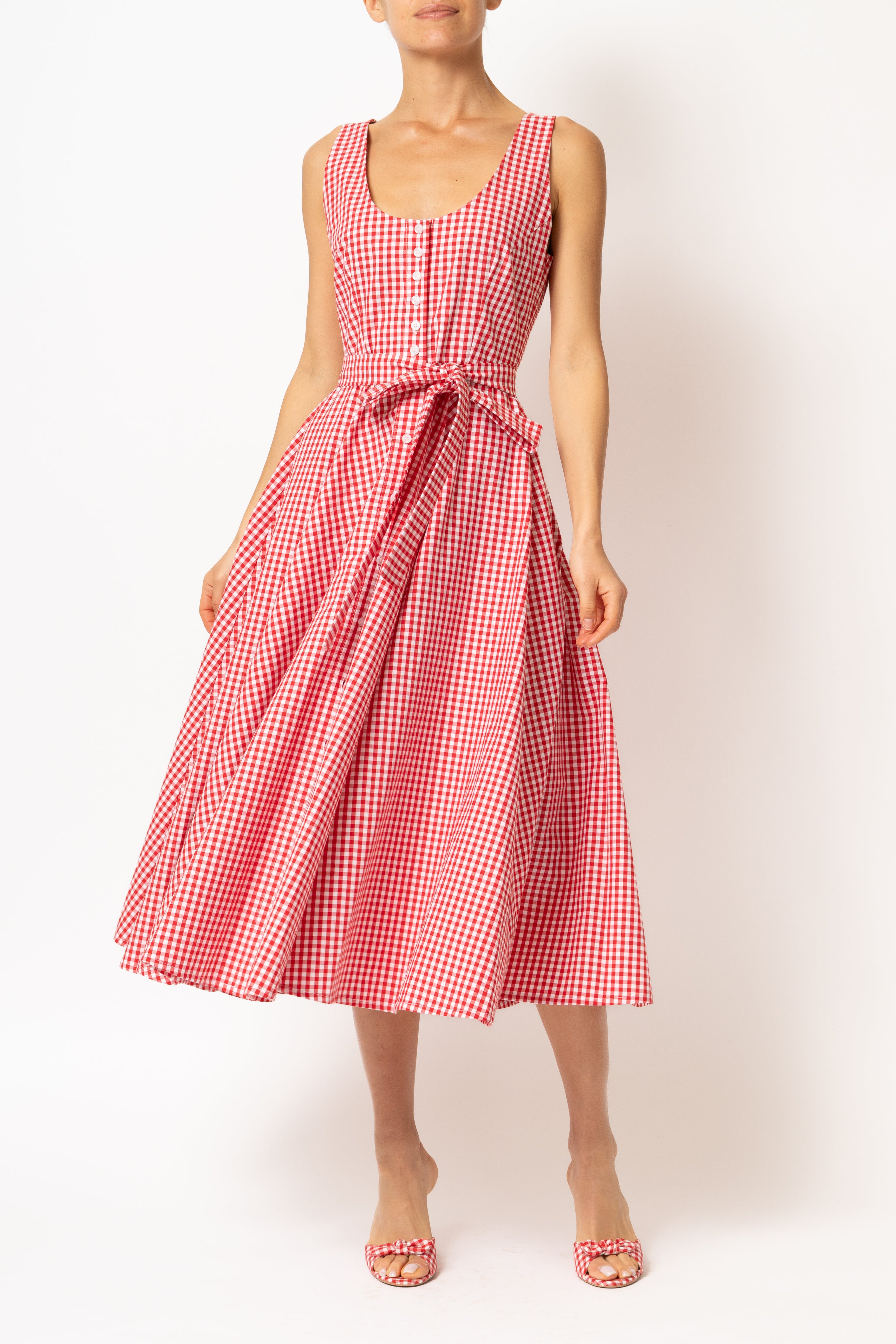 Rochie Midi cu Decolteu Rotund, din Bumbac in Carouri Rosii