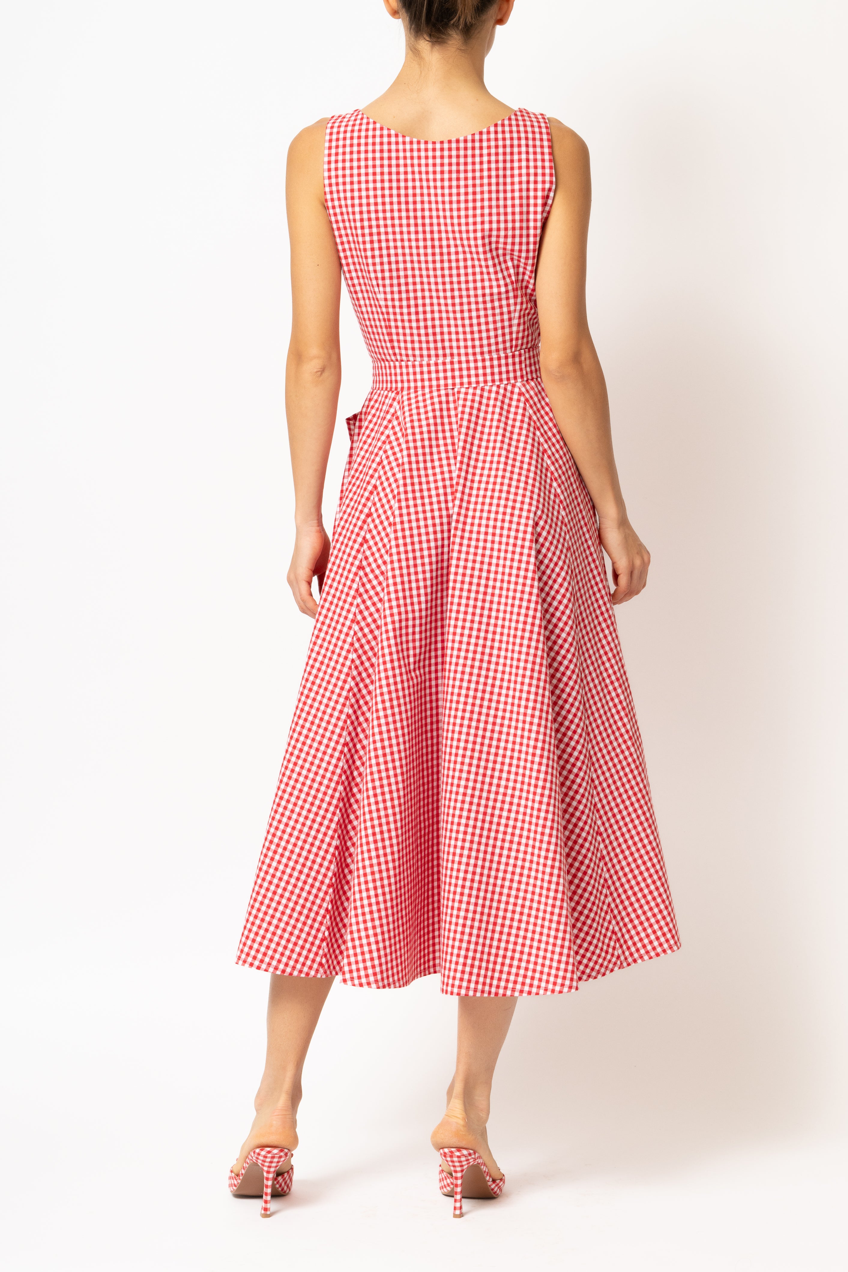 Rochie Midi cu Decolteu Rotund, din Bumbac in Carouri Rosii