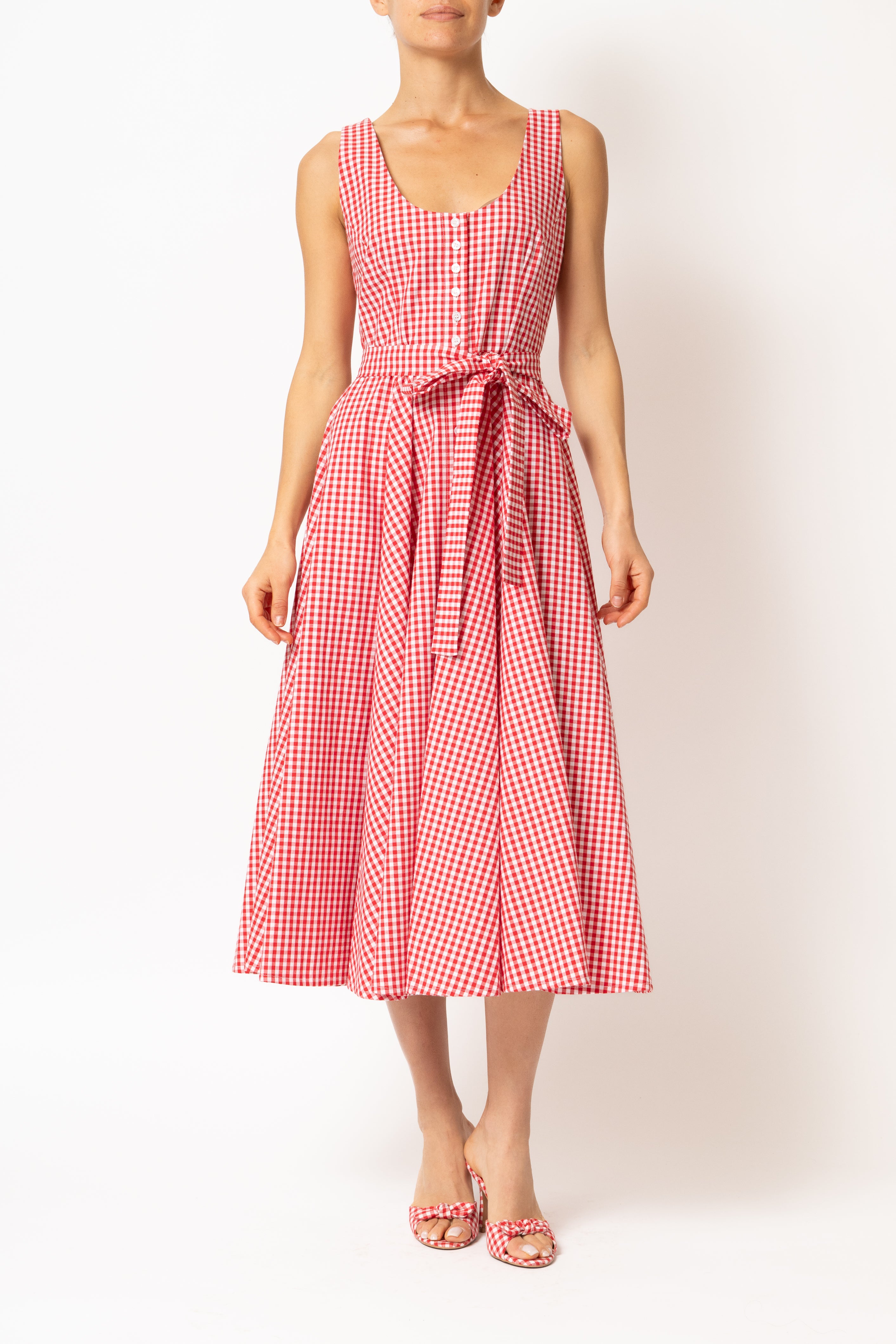 Rochie Midi cu Decolteu Rotund, din Bumbac in Carouri Rosii