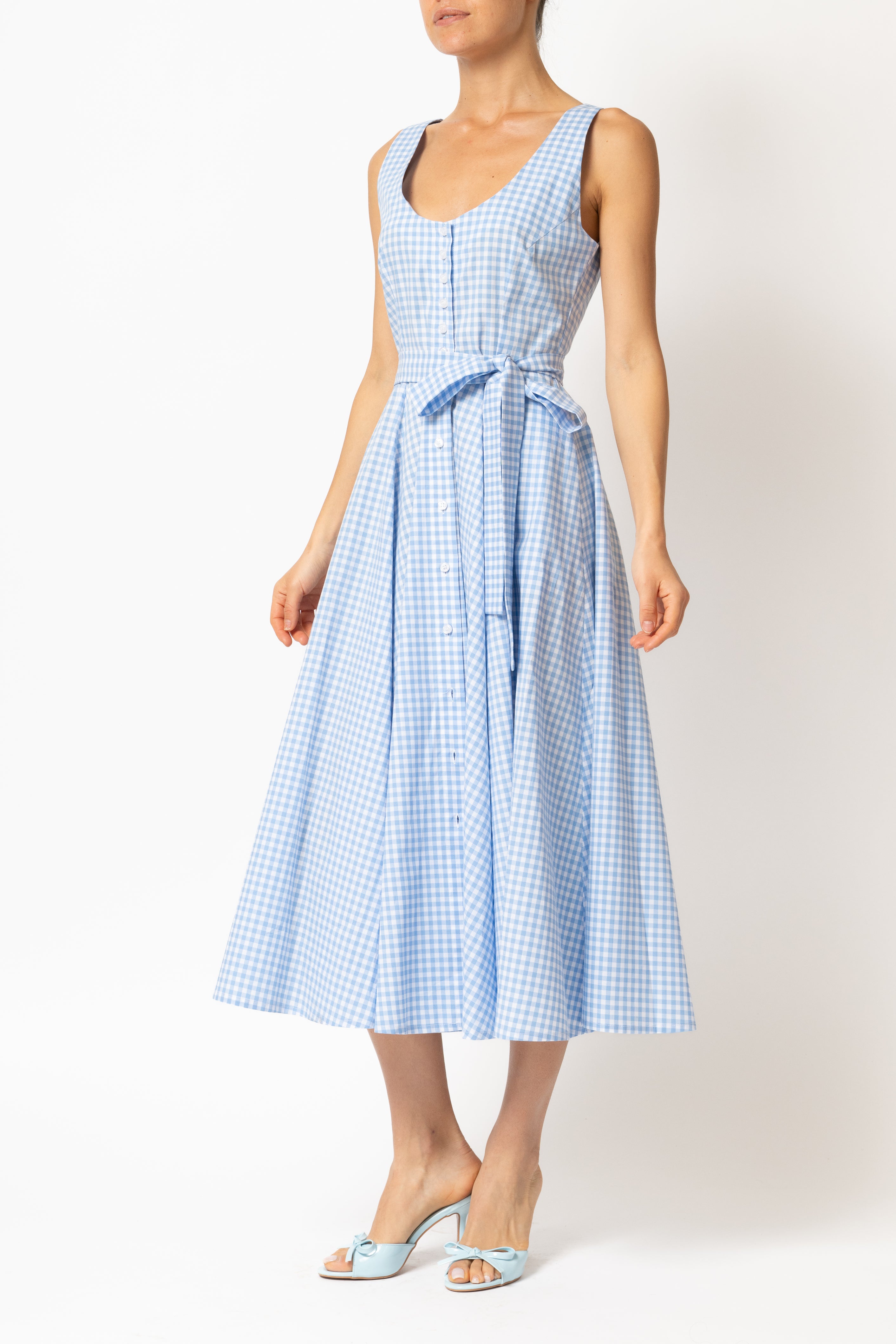 Rochie Midi cu Decolteu Rotund, din Bumbac in Carouri Bleu