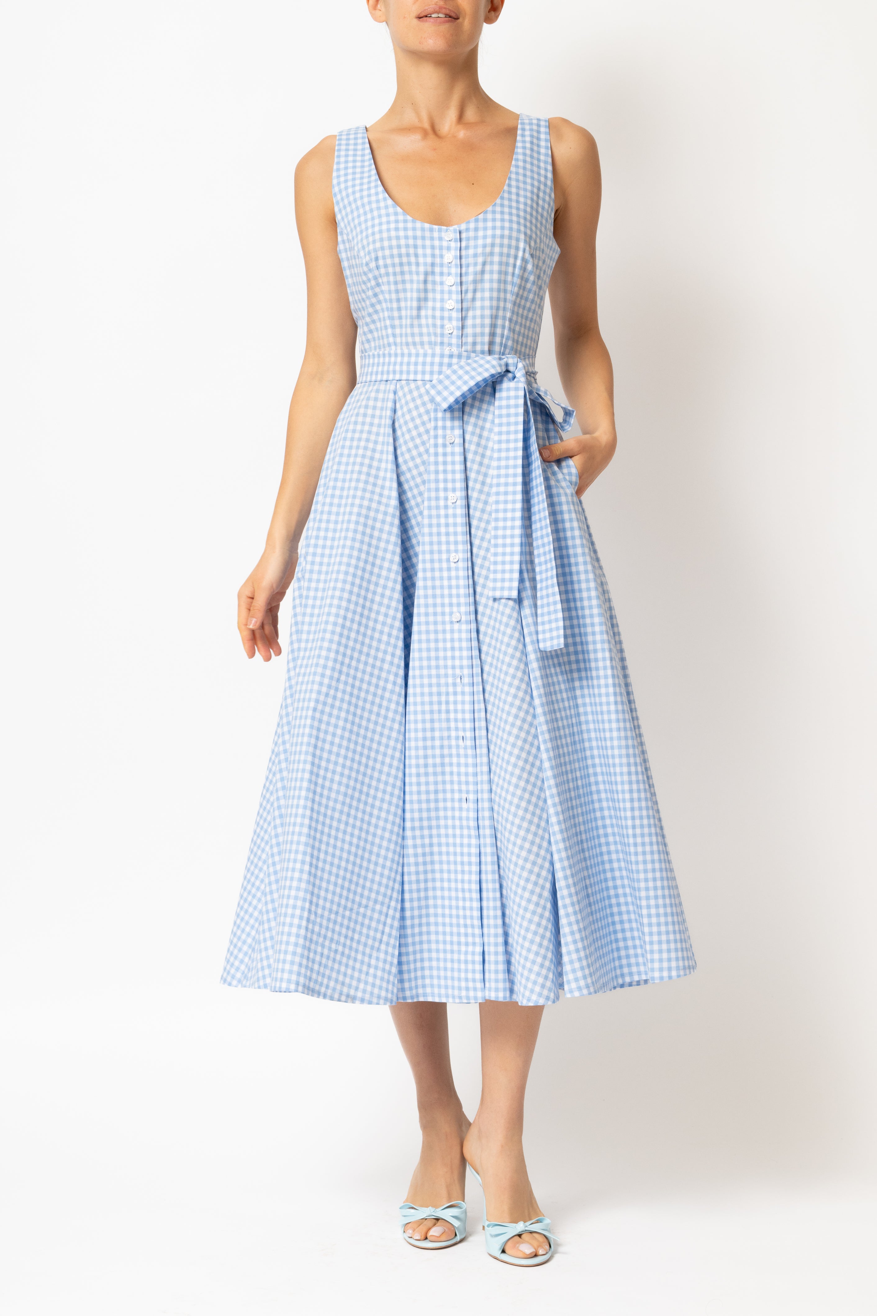 Rochie Midi cu Decolteu Rotund, din Bumbac in Carouri Bleu