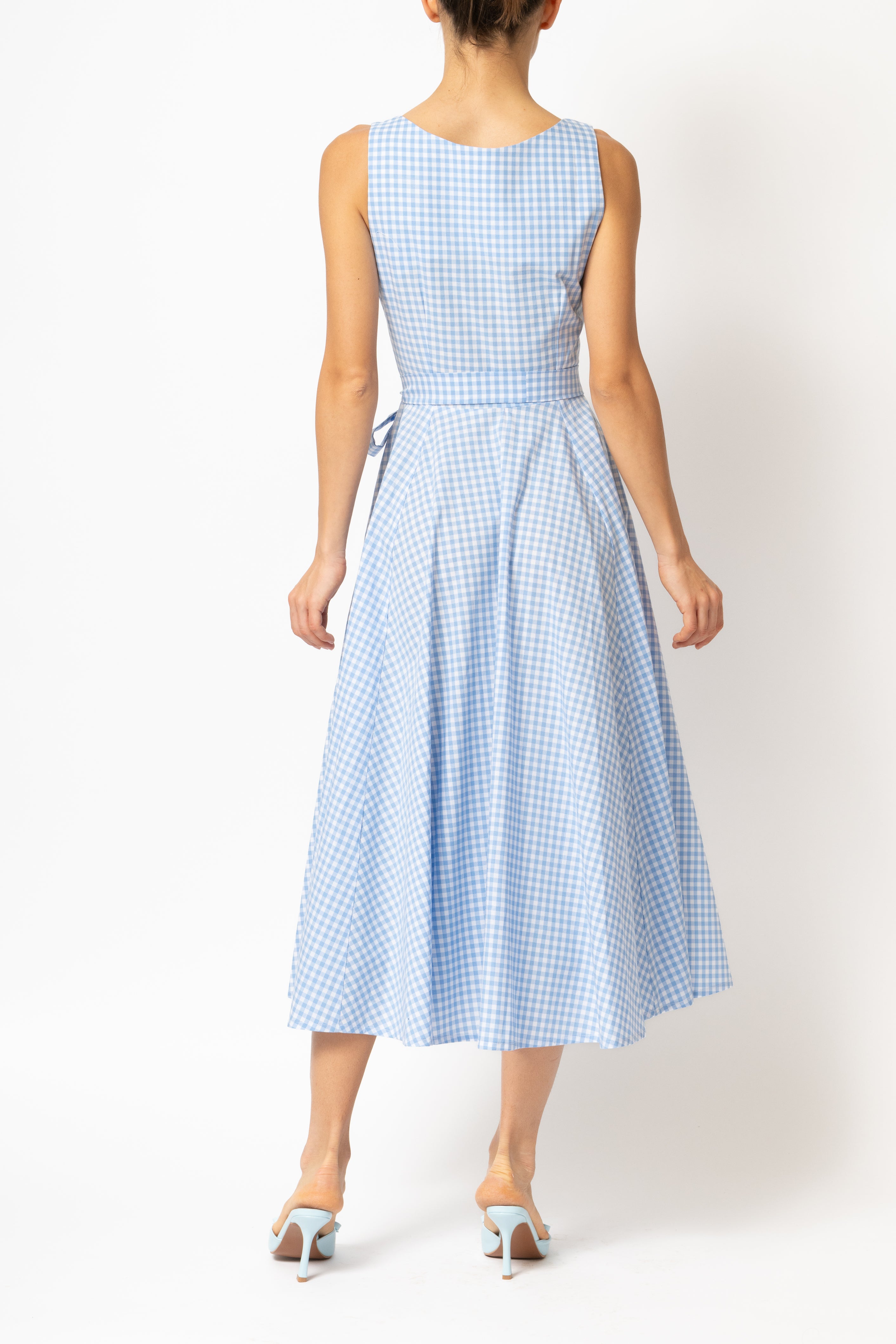 Rochie Midi cu Decolteu Rotund, din Bumbac in Carouri Bleu