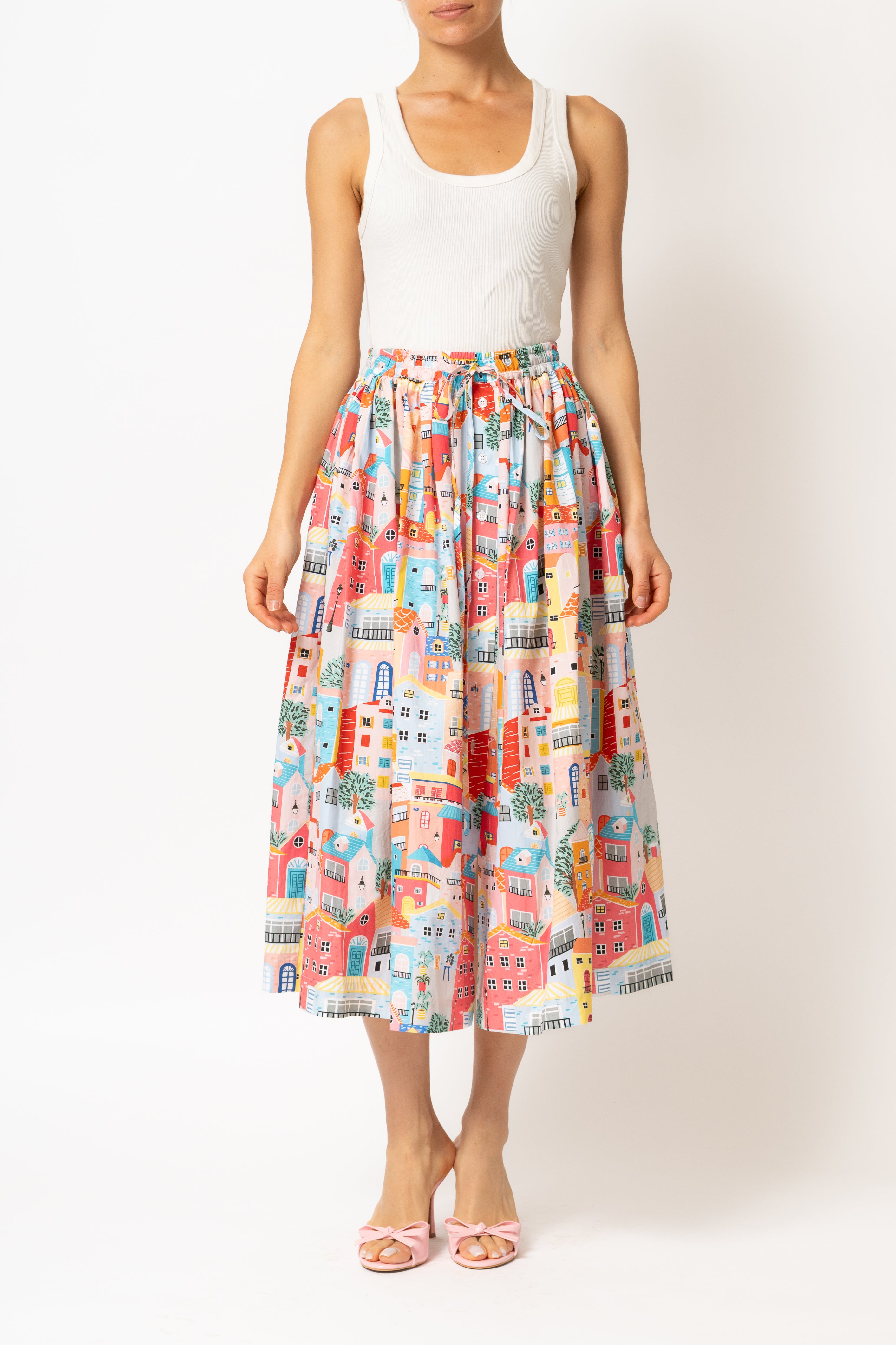 White linen midi skirt with ruffles and crocheted lace