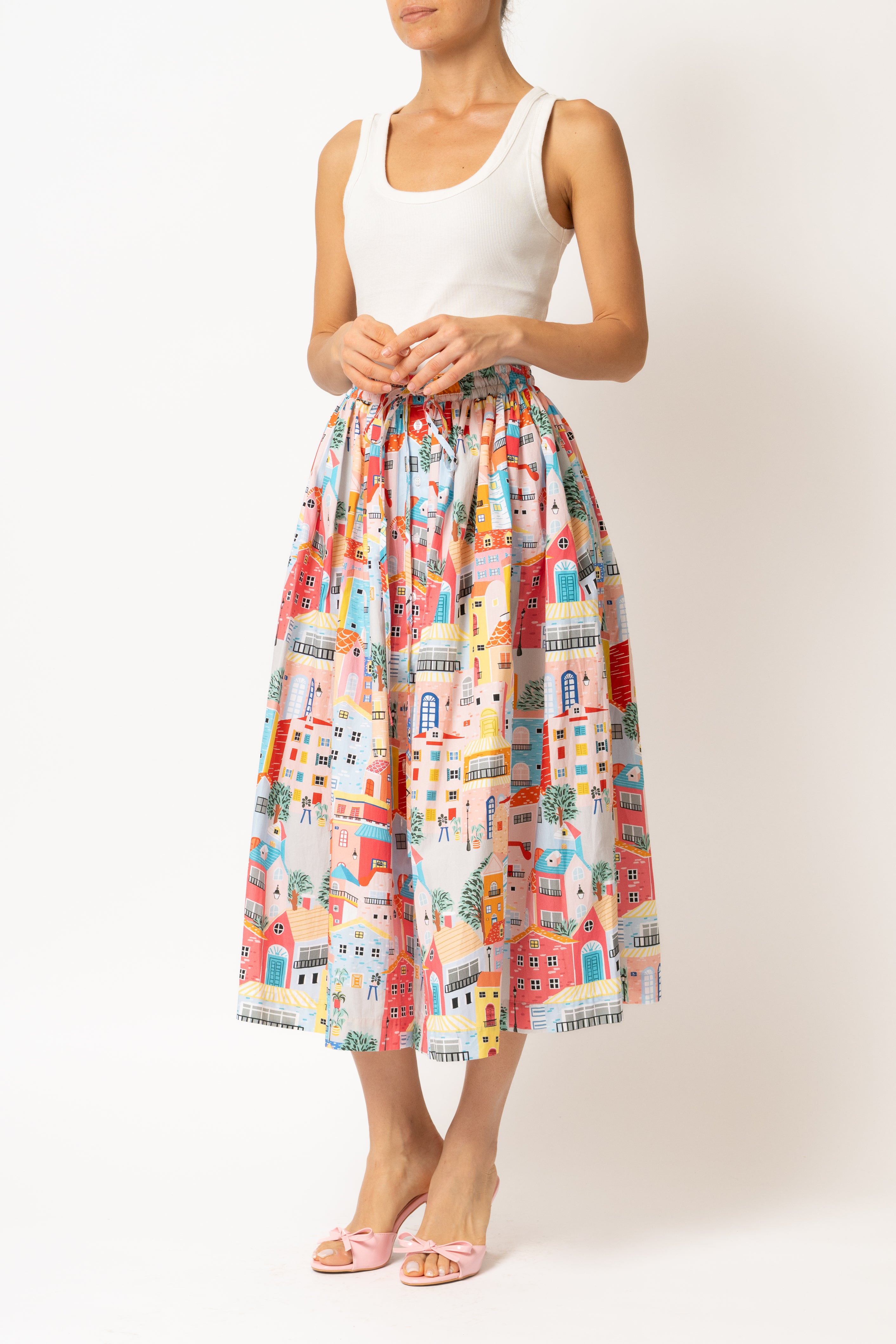White linen midi skirt with ruffles and crocheted lace