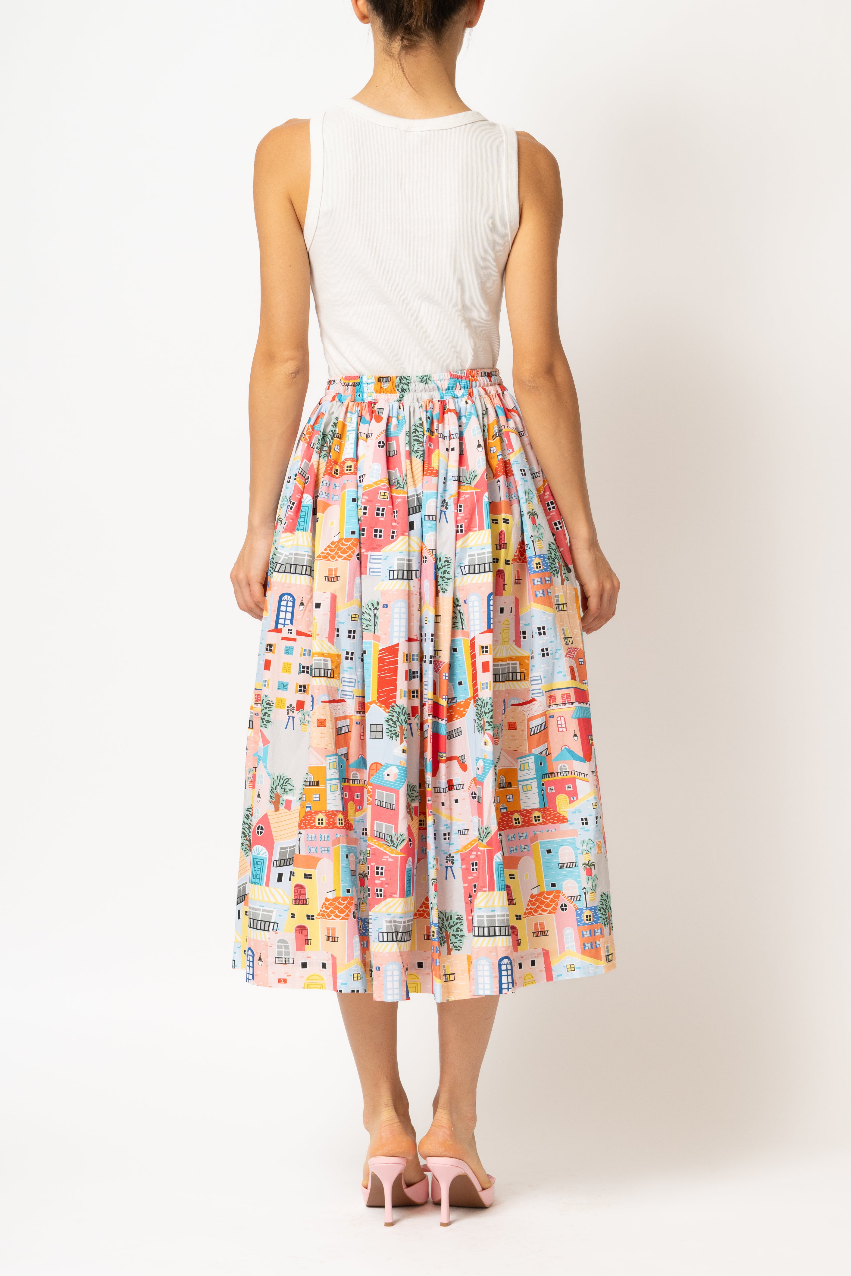 White linen midi skirt with ruffles and crocheted lace