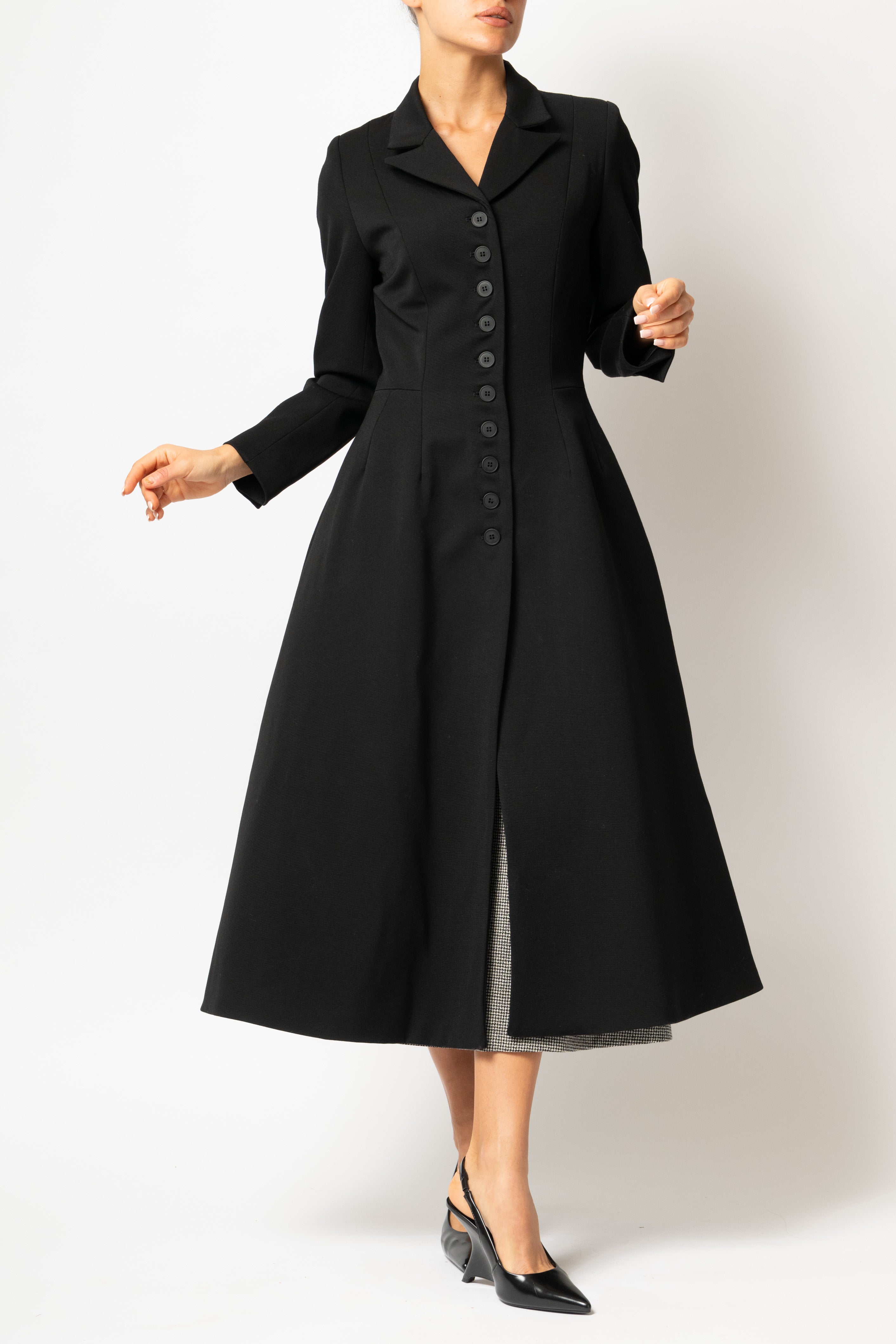 Palton Cambrat Tip Clopot din Stofa de Lana, Negru