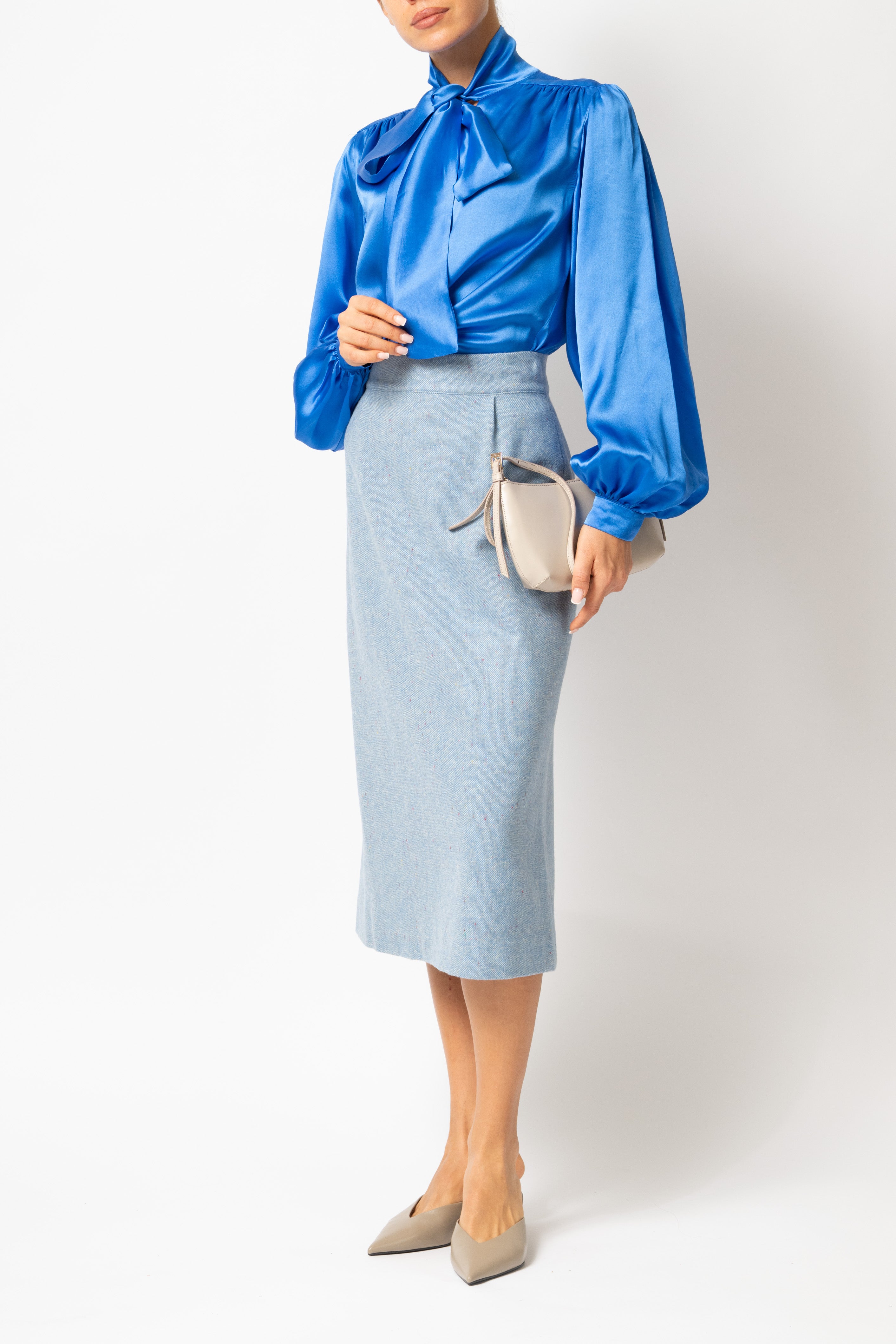 Wool Midi Pencil Skirt, Blue
