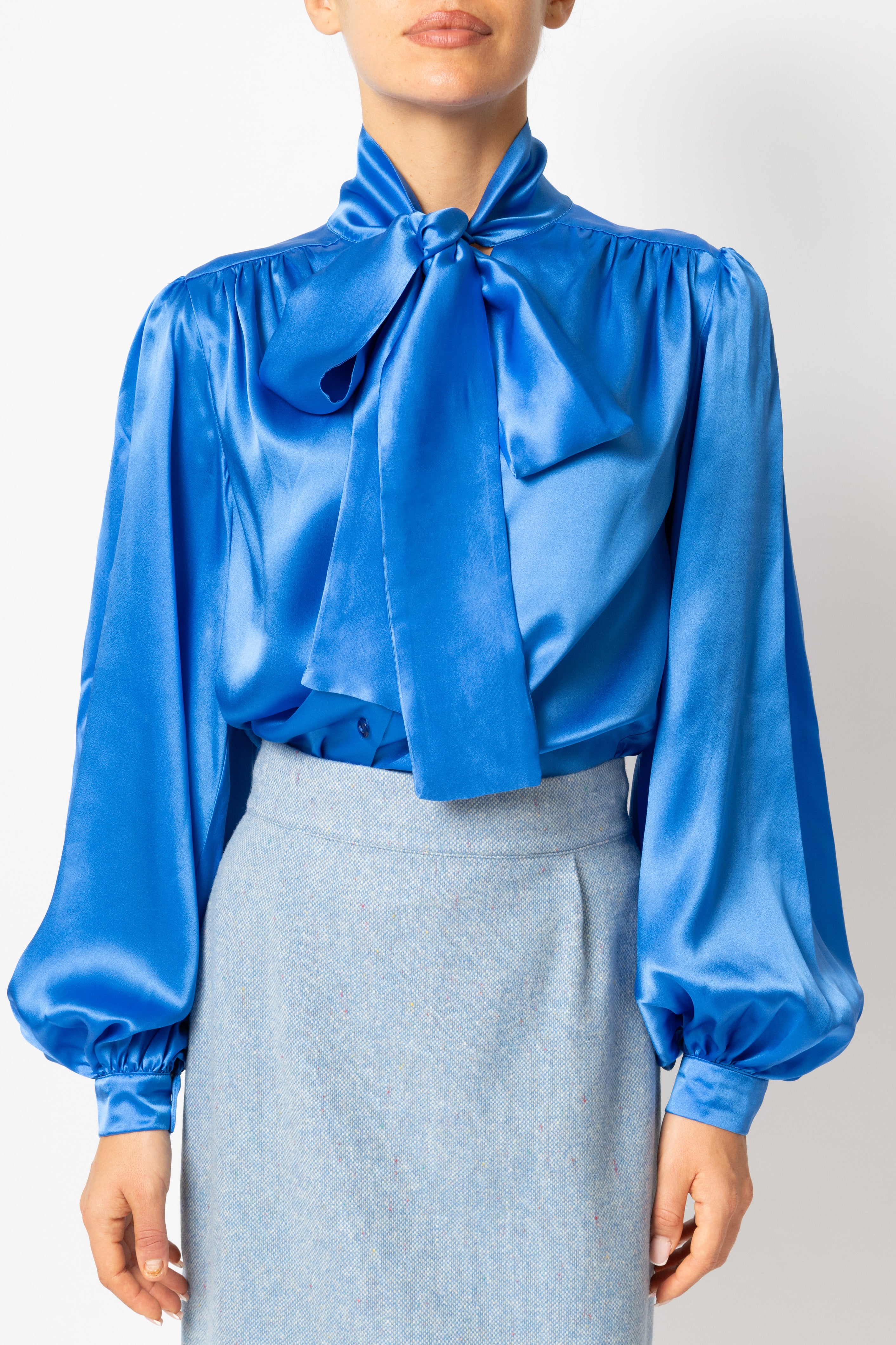 Silk Neck Scarf Bow Blouse, Cobalt Blue
