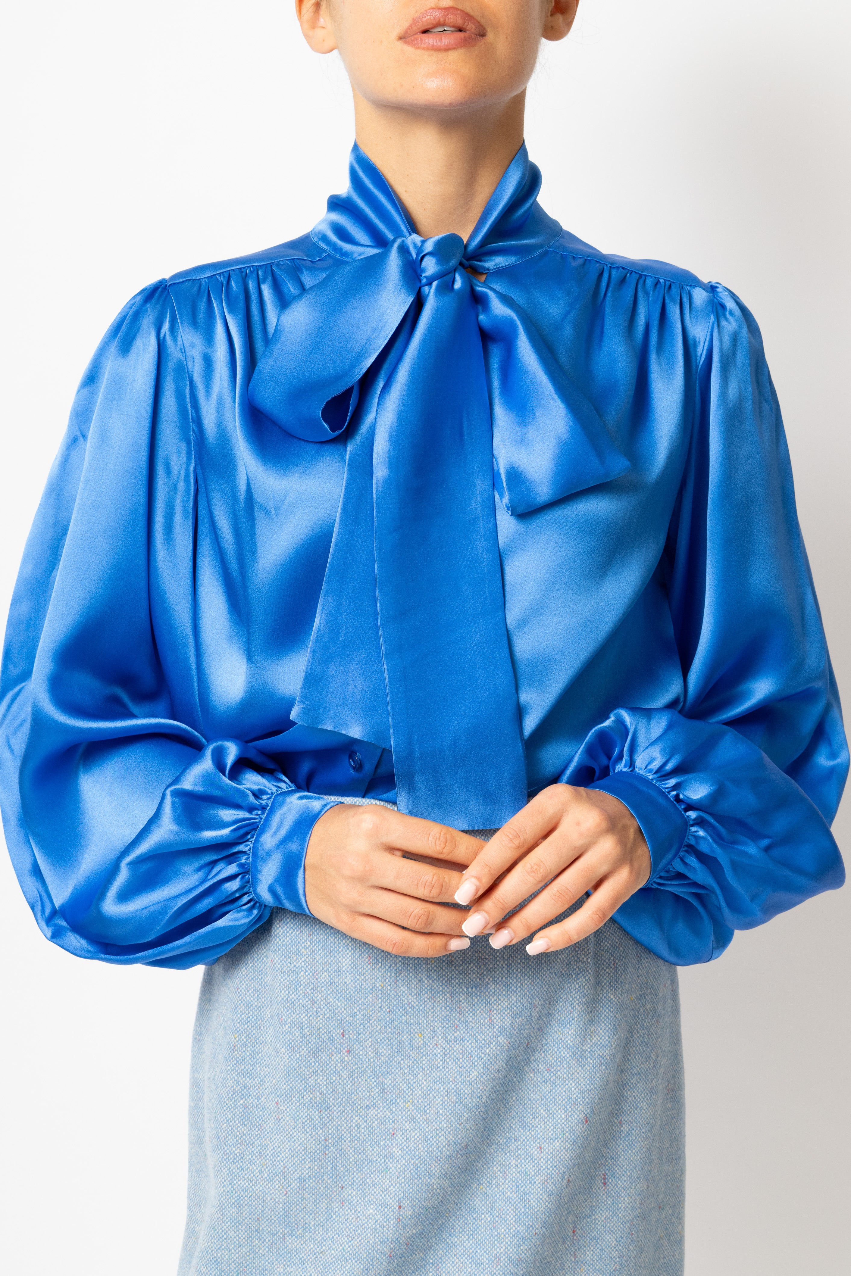 Silk Neck Scarf Bow Blouse, Cobalt Blue