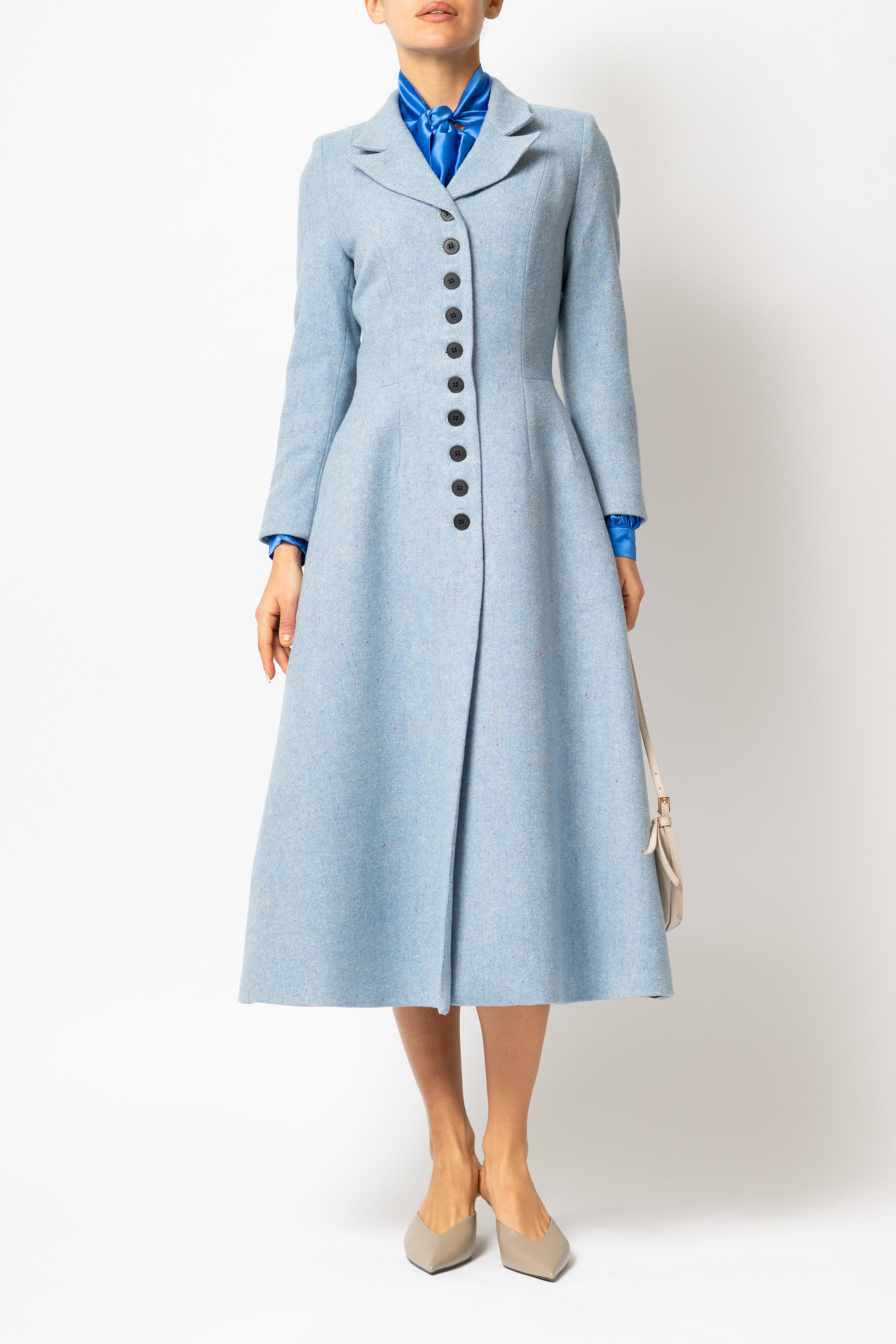 Palton Cambrat Tip Clopot din Tweed de Lana, Bleu