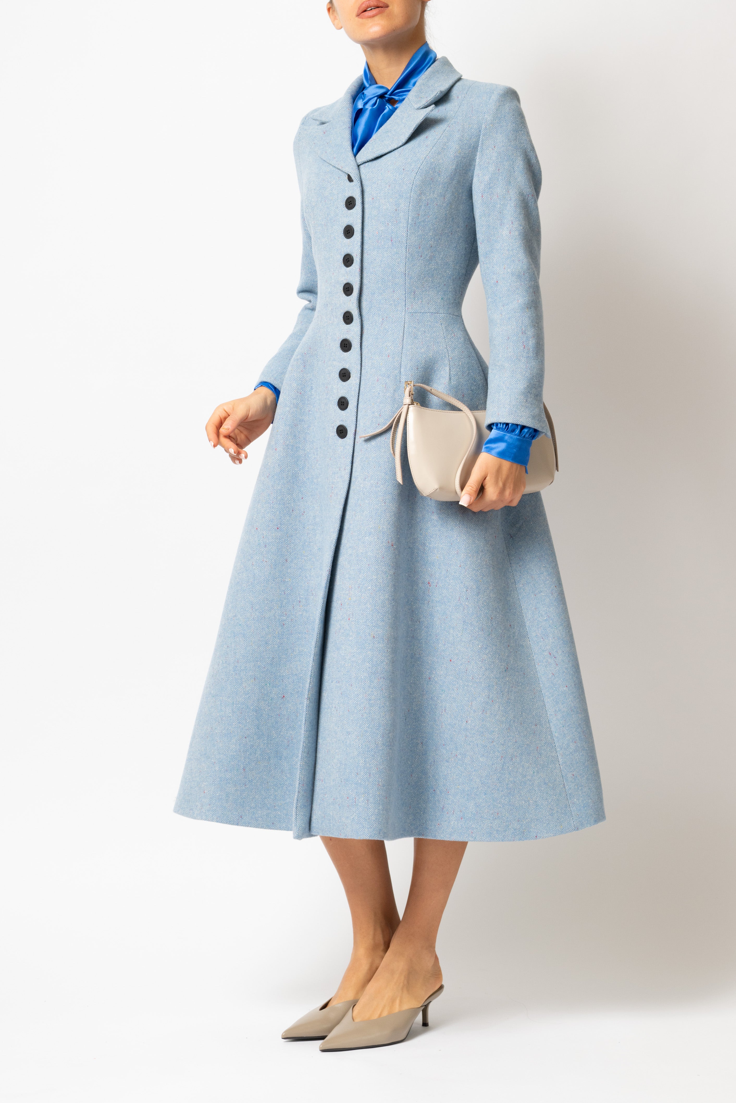 Palton Cambrat Tip Clopot din Tweed de Lana, Bleu