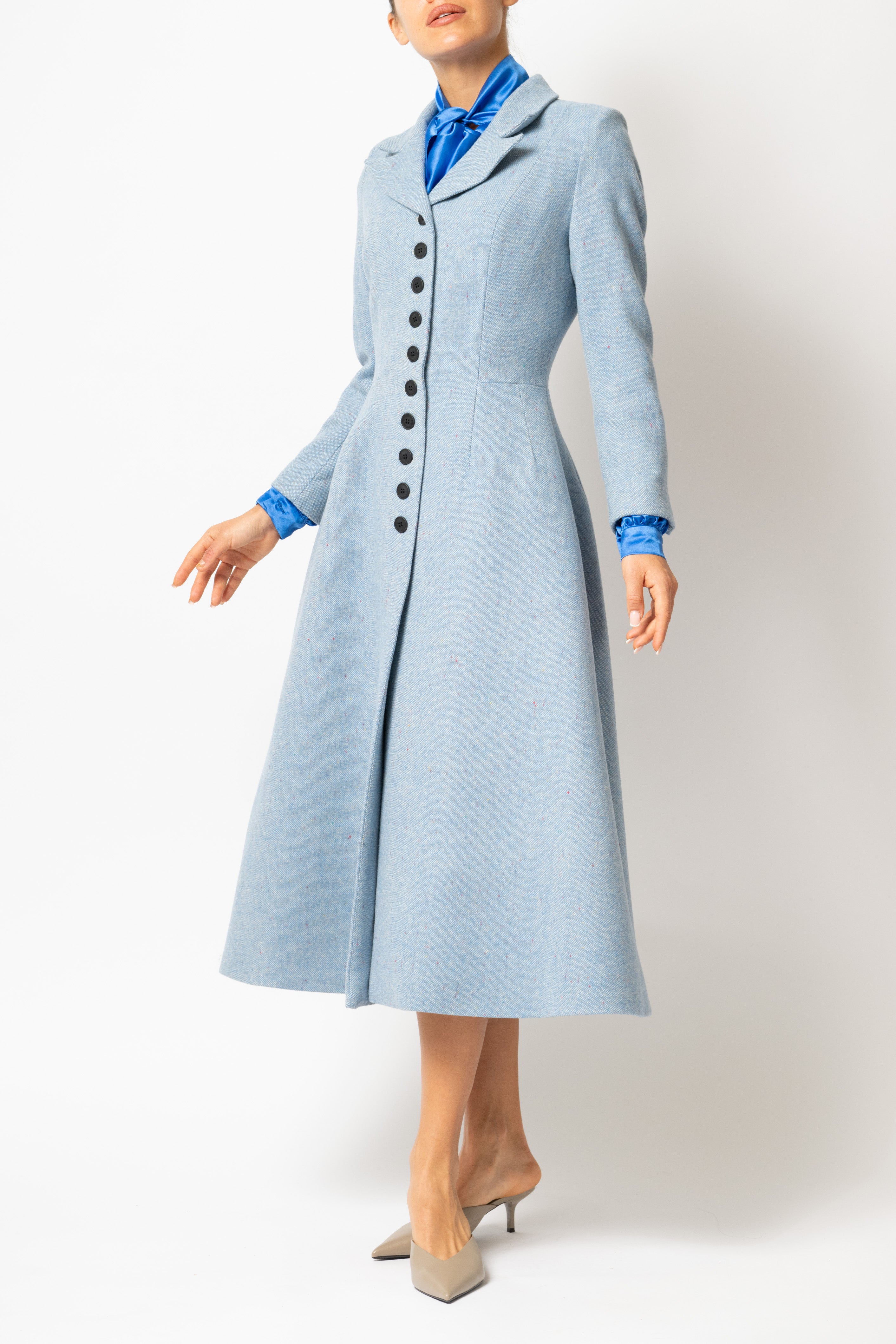 Palton Cambrat Tip Clopot din Tweed de Lana, Bleu