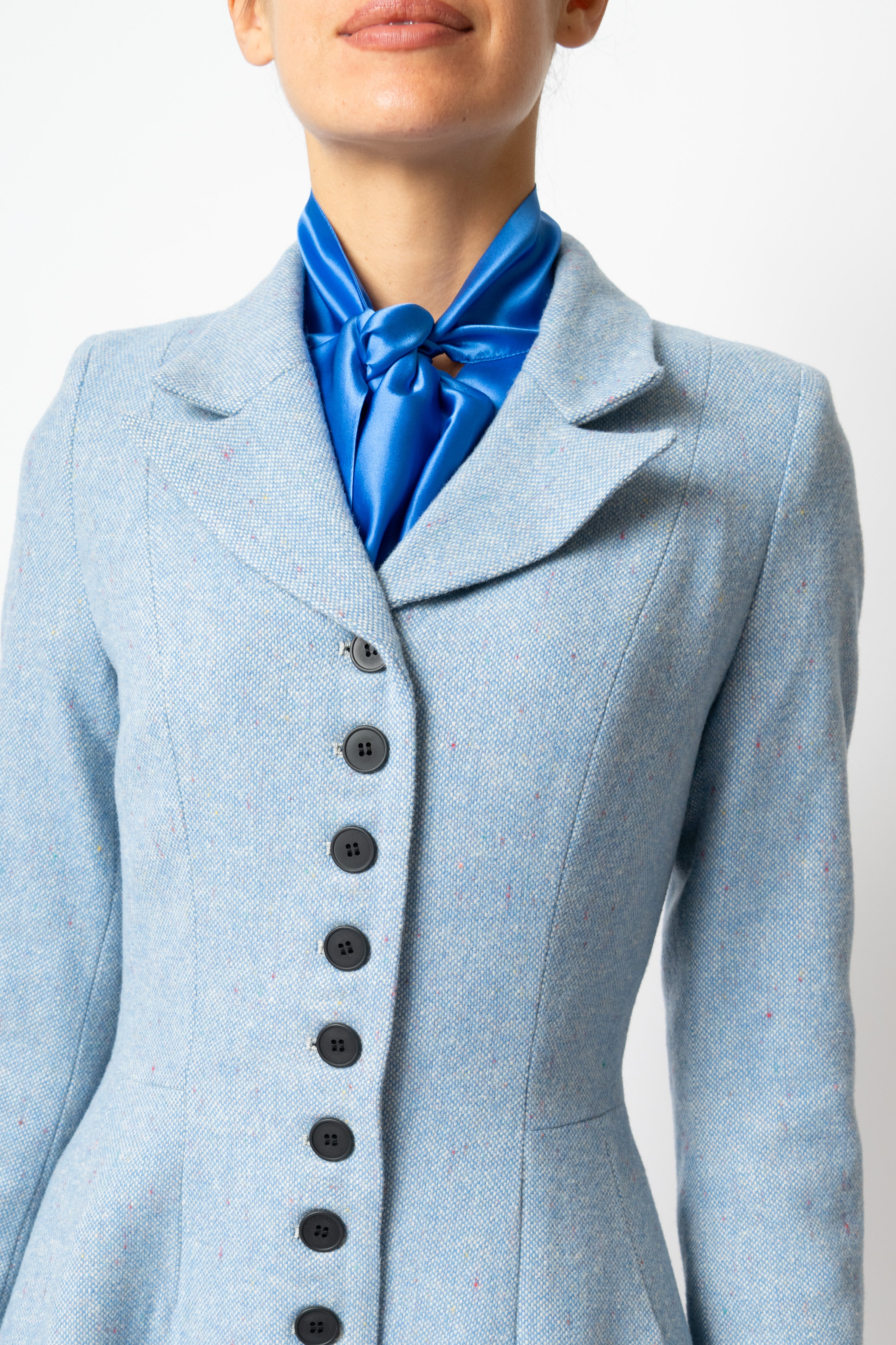 Palton Cambrat Tip Clopot din Tweed de Lana, Bleu