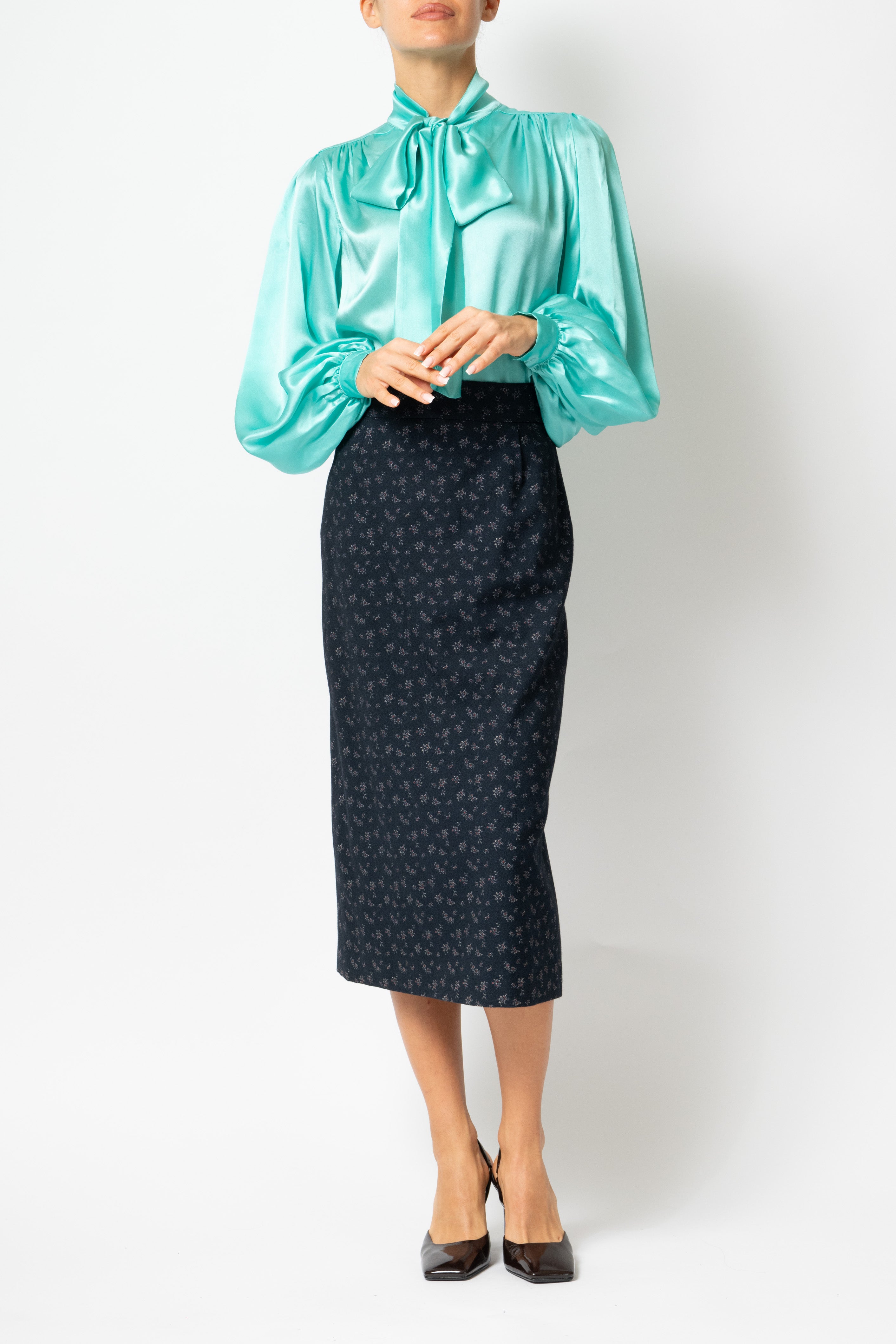 Blouse with Silk Neck Scarf, Aqua
