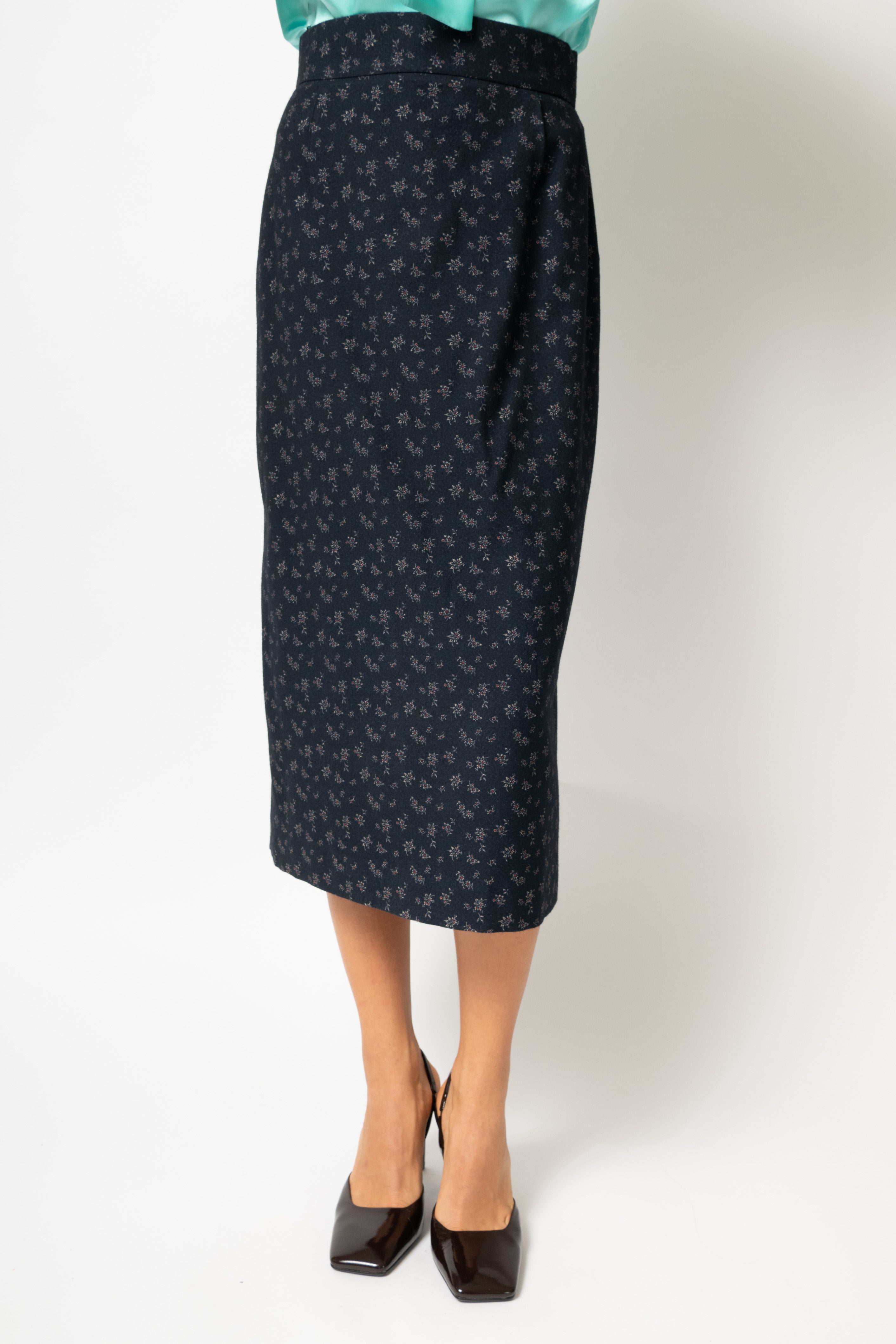 Midi Pencil Skirt with Wool Print, Navy Blue