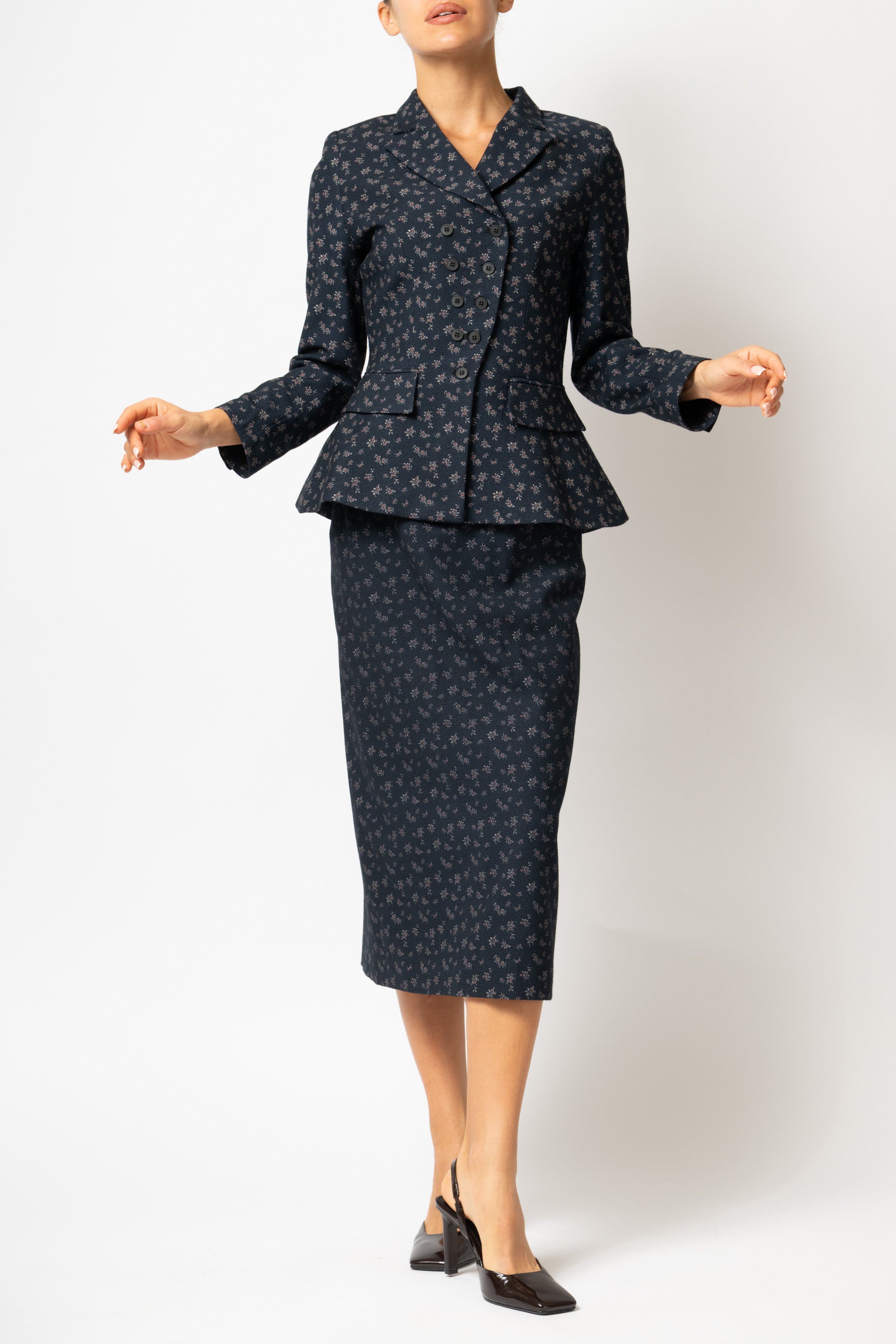 Sacou Cambrat cu Flori Mici din Lana, Bleumarin