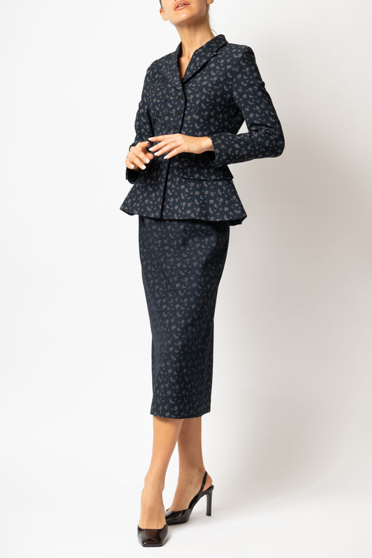 Fusta Creion Midi cu Imprimeu din Lana, Bleumarin