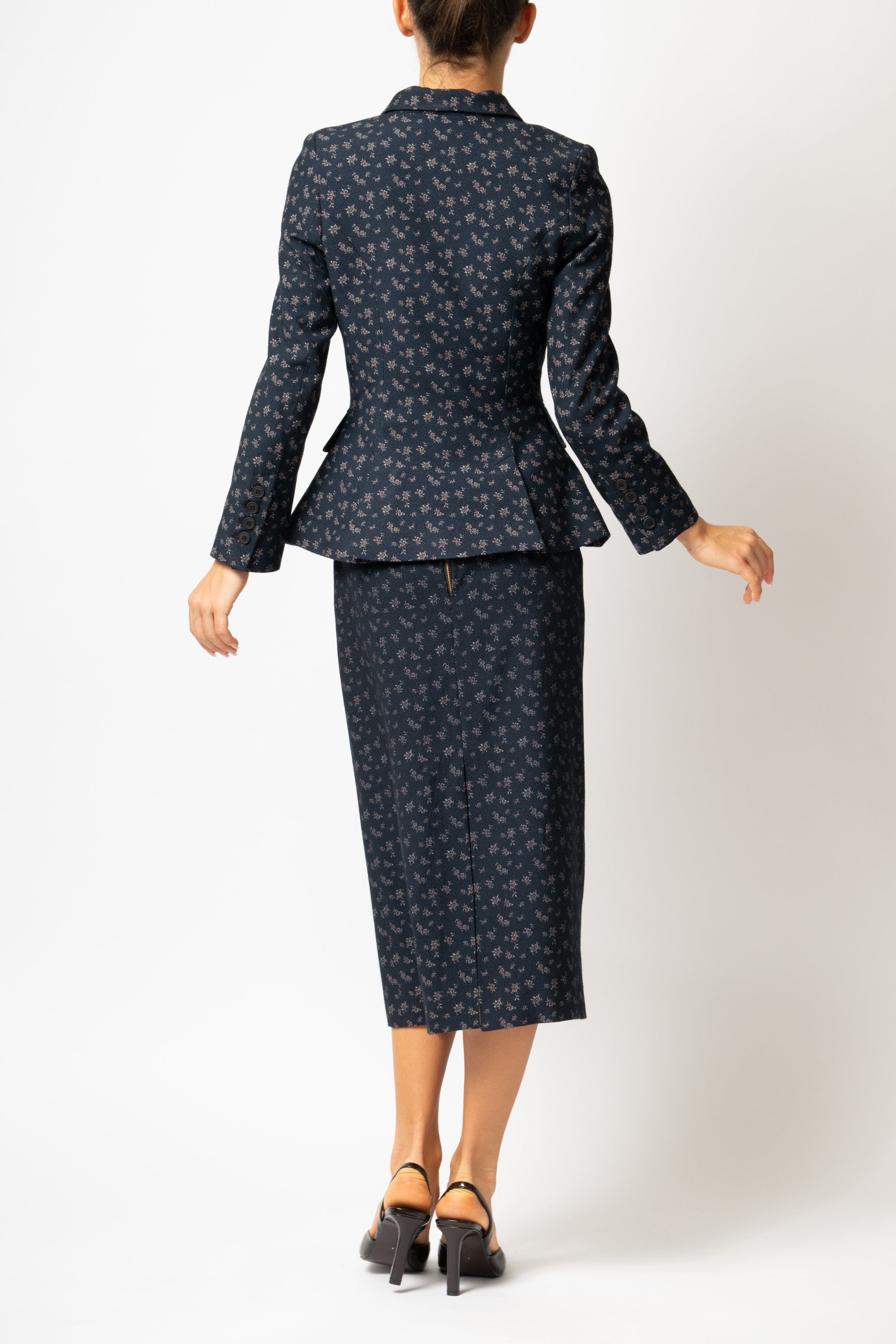 Sacou Cambrat cu Flori Mici din Lana, Bleumarin