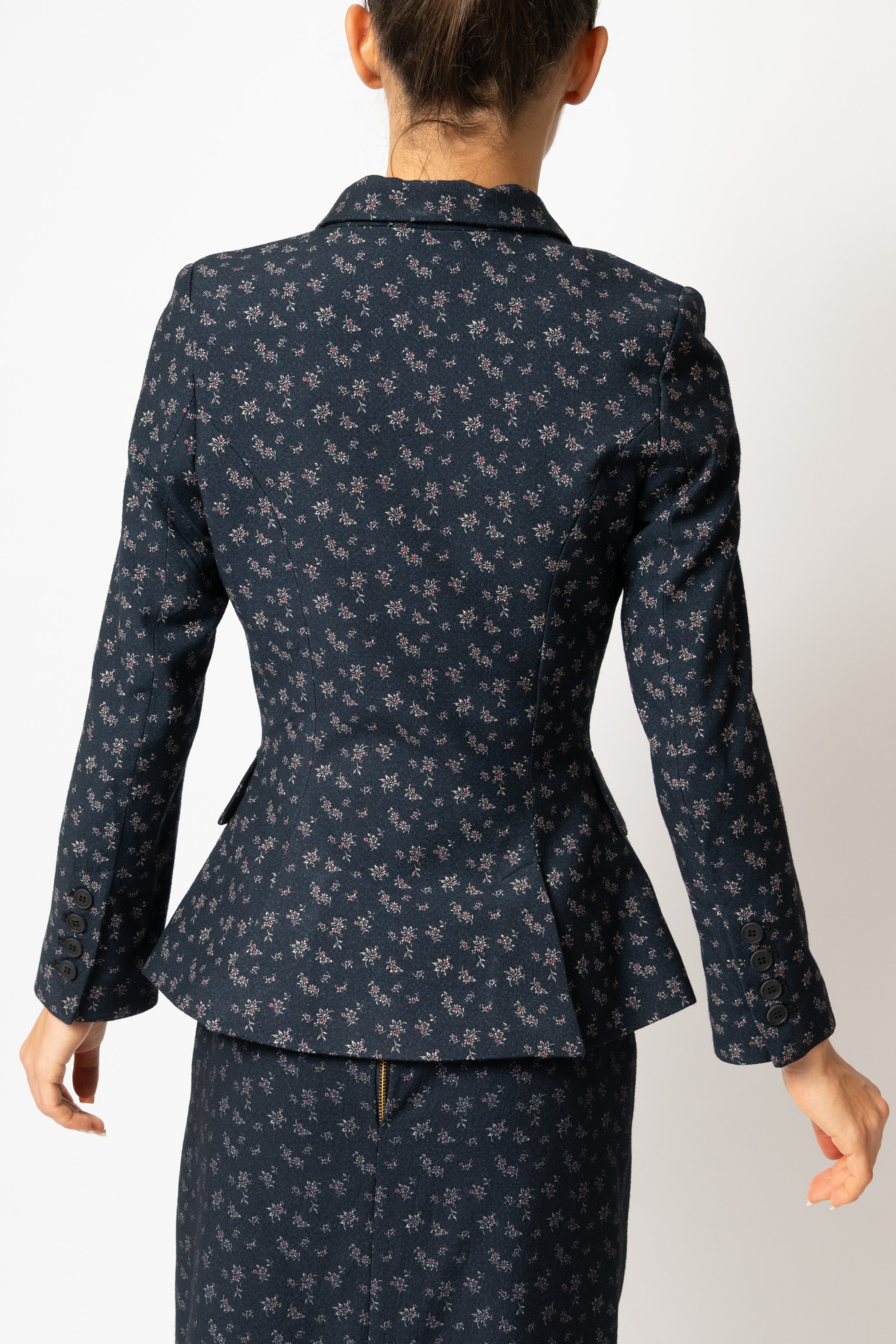 Sacou Cambrat cu Flori Mici din Lana, Bleumarin