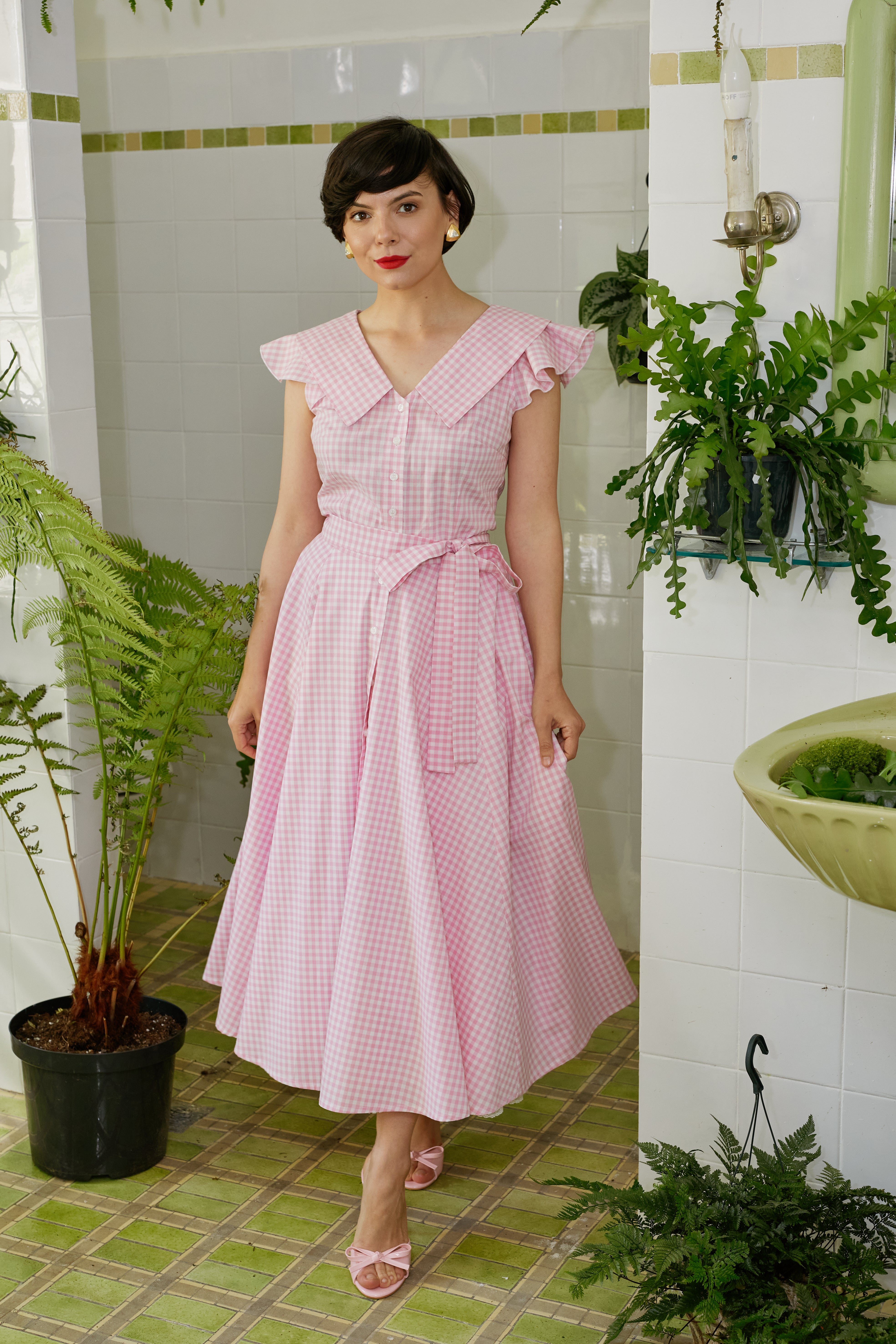 Rochie Camasa Midi cu Guler in V, din Bumbac in Carouri Roz