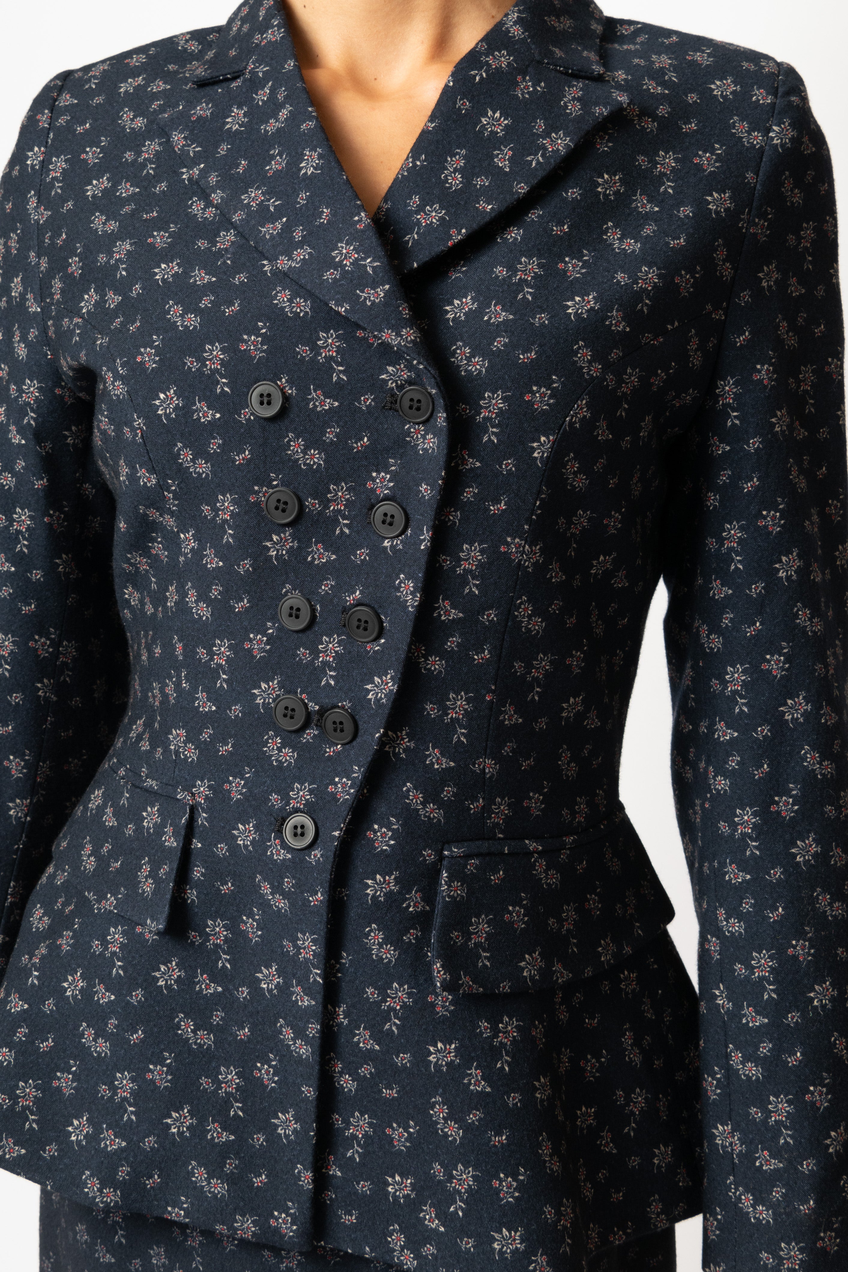 Sacou Cambrat cu Flori Mici din Lana, Bleumarin