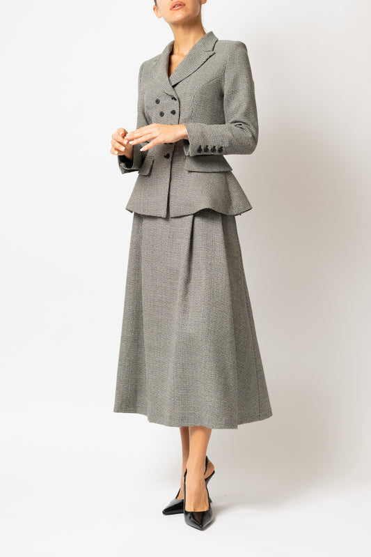 Fusta Midi Larga cu Pliuri in Carouri Mici din Lana, Gri