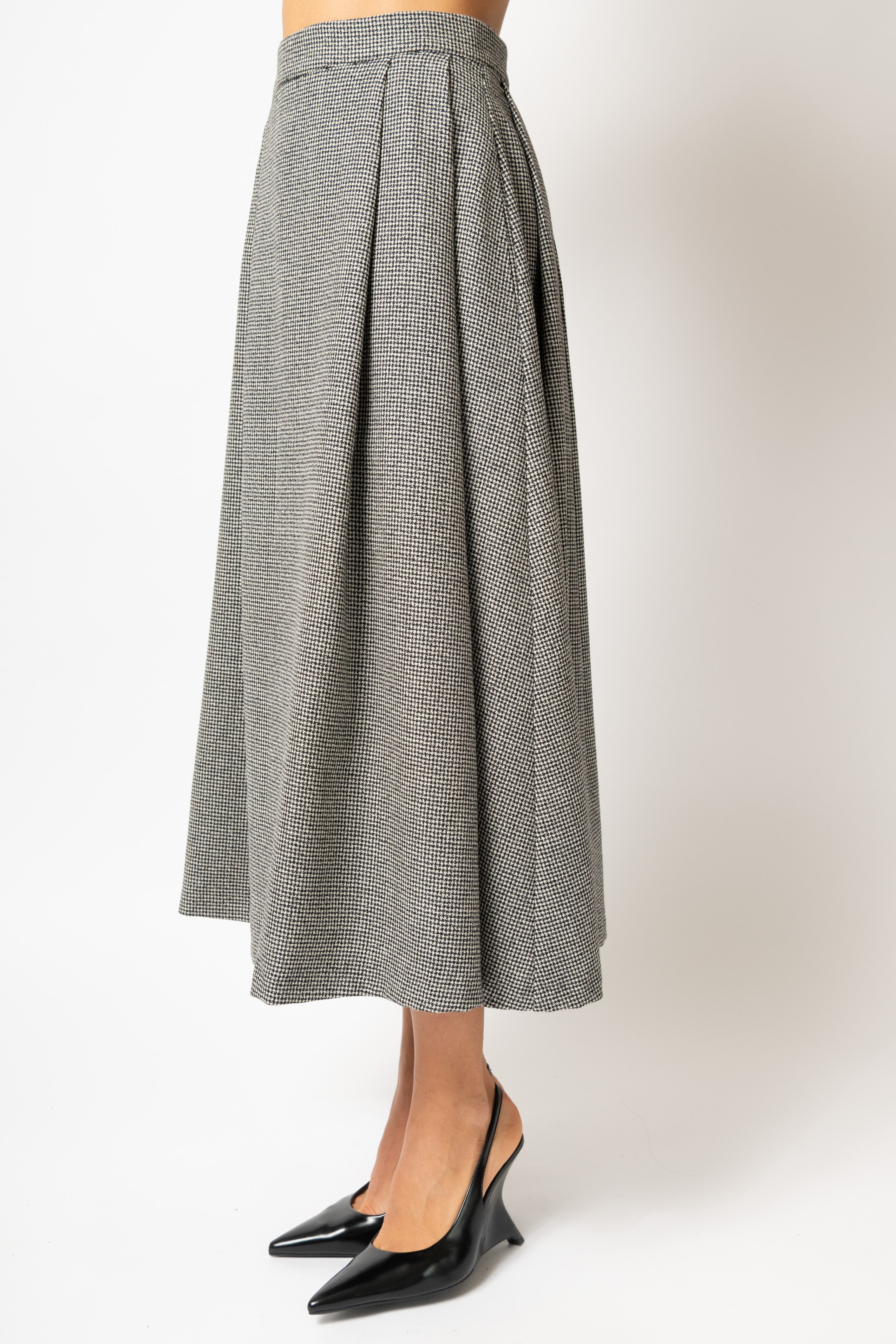 Wide Midi Skirt with Pleated Small Check Wool, Grey