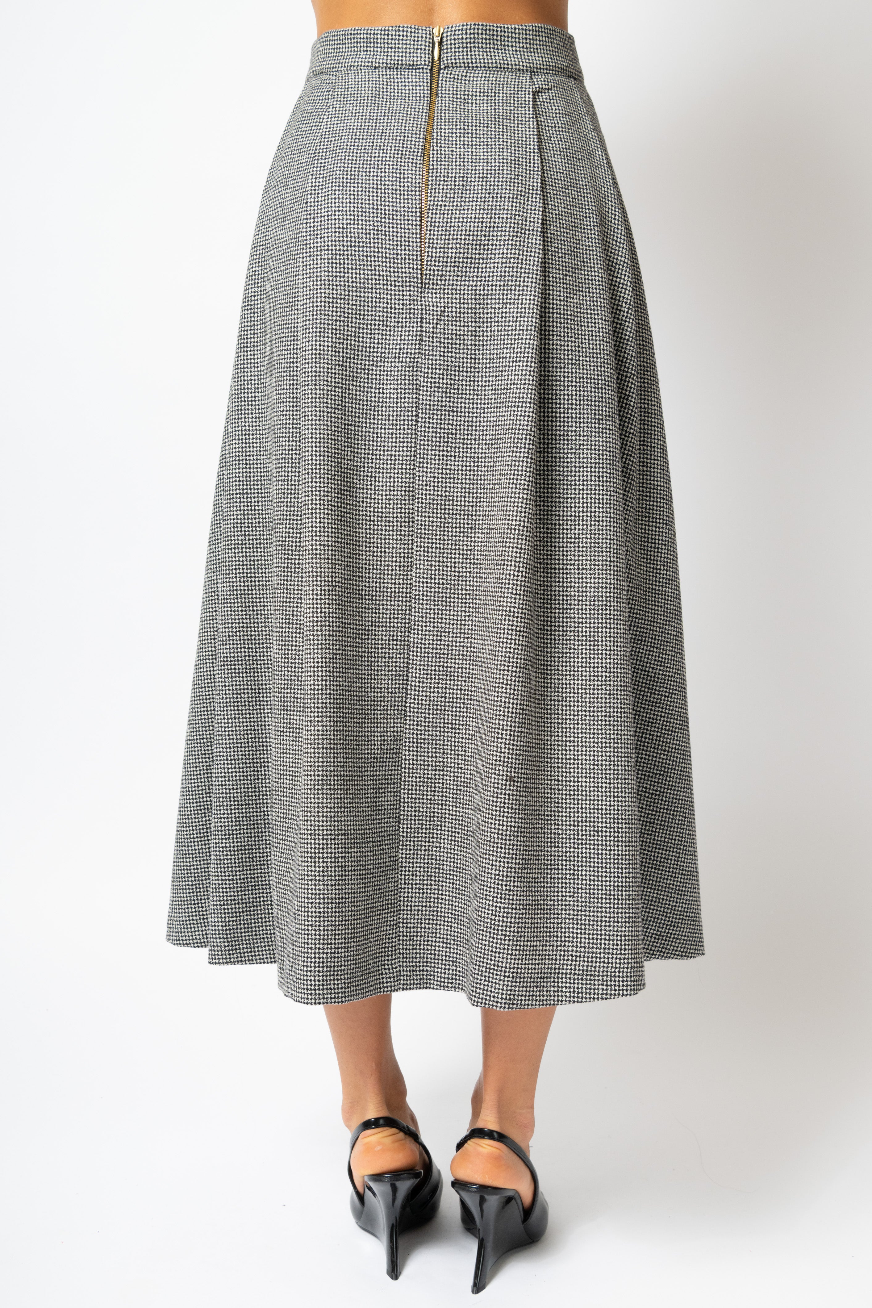 Wide Midi Skirt with Pleated Small Check Wool, Grey