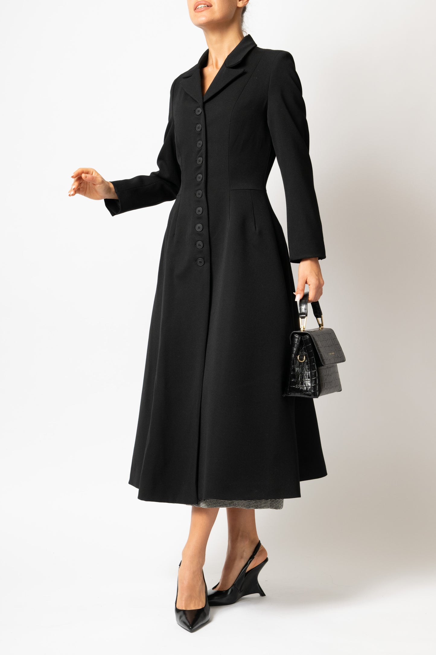 Palton Cambrat Tip Clopot din Stofa de Lana, Negru