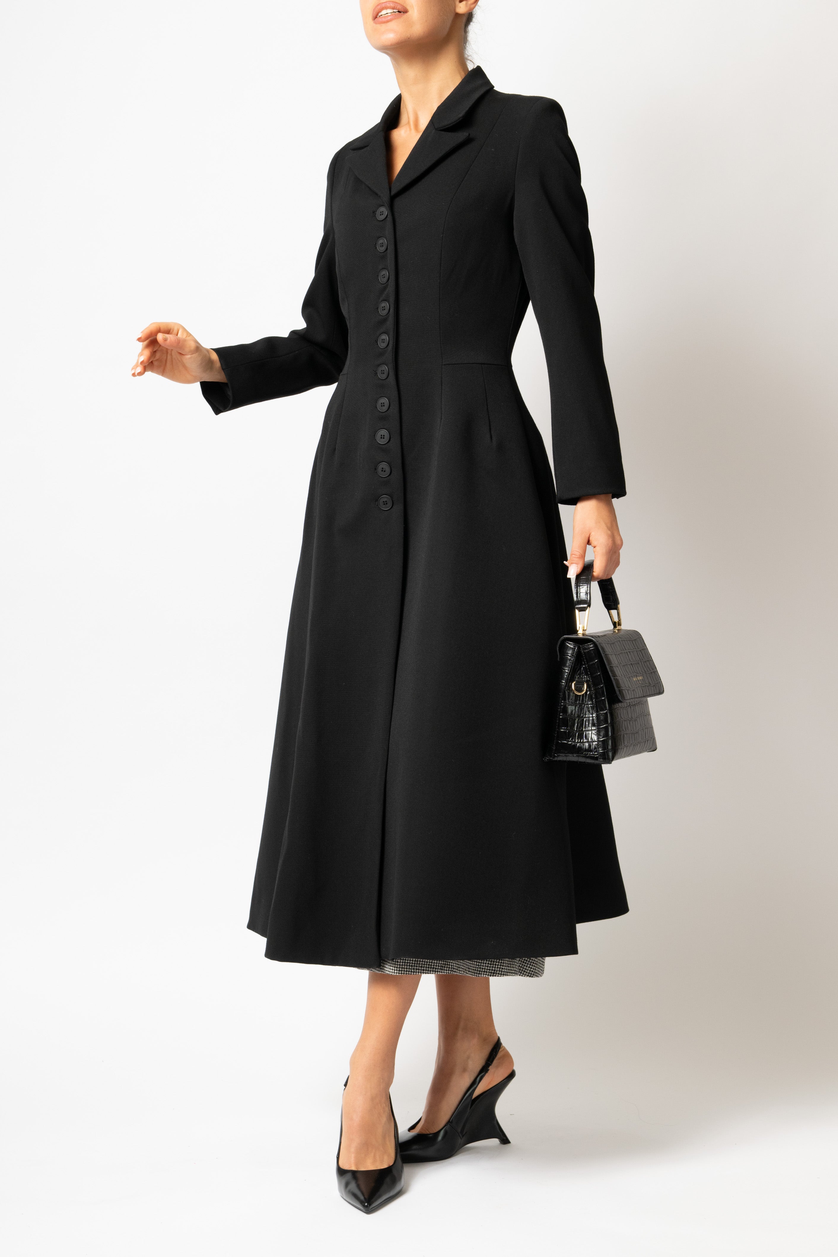 Palton Cambrat Tip Clopot din Stofa de Lana, Negru