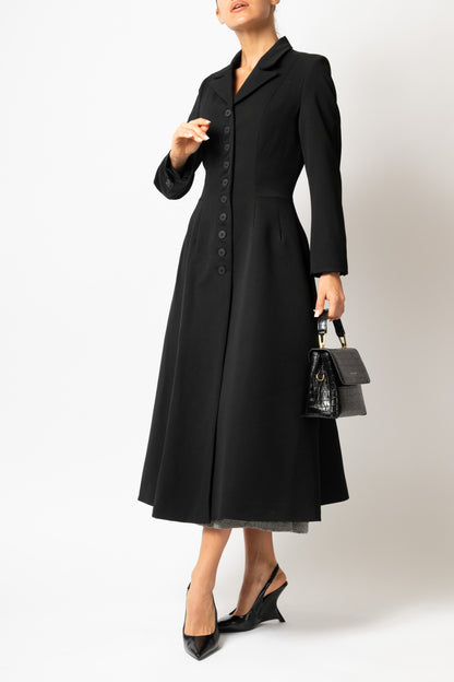 Palton Cambrat Tip Clopot din Stofa de Lana, Negru