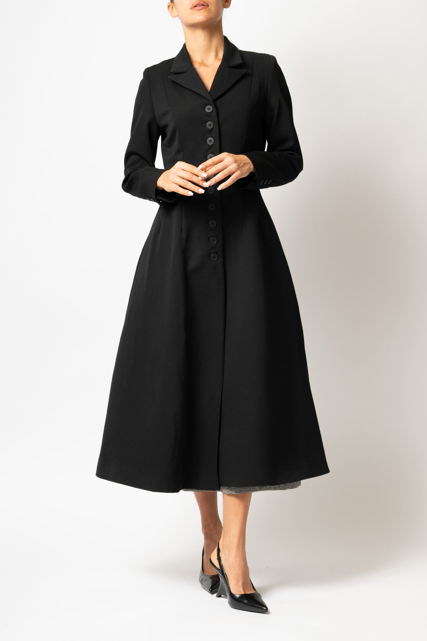 Palton Cambrat Tip Clopot din Stofa de Lana, Negru