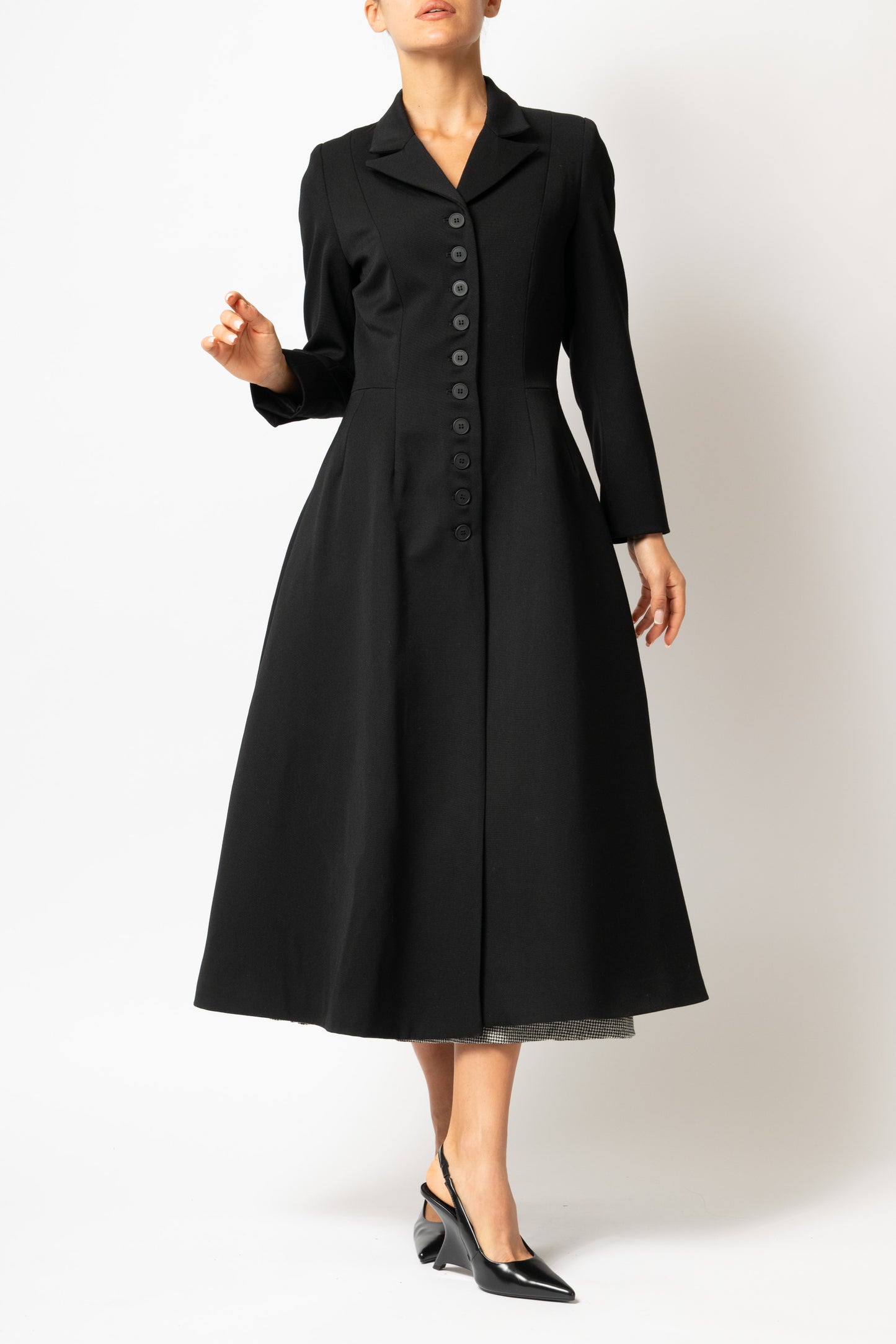 Palton Cambrat Tip Clopot din Stofa de Lana, Negru