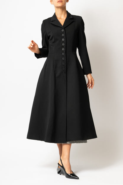 Palton Cambrat Tip Clopot din Stofa de Lana, Negru