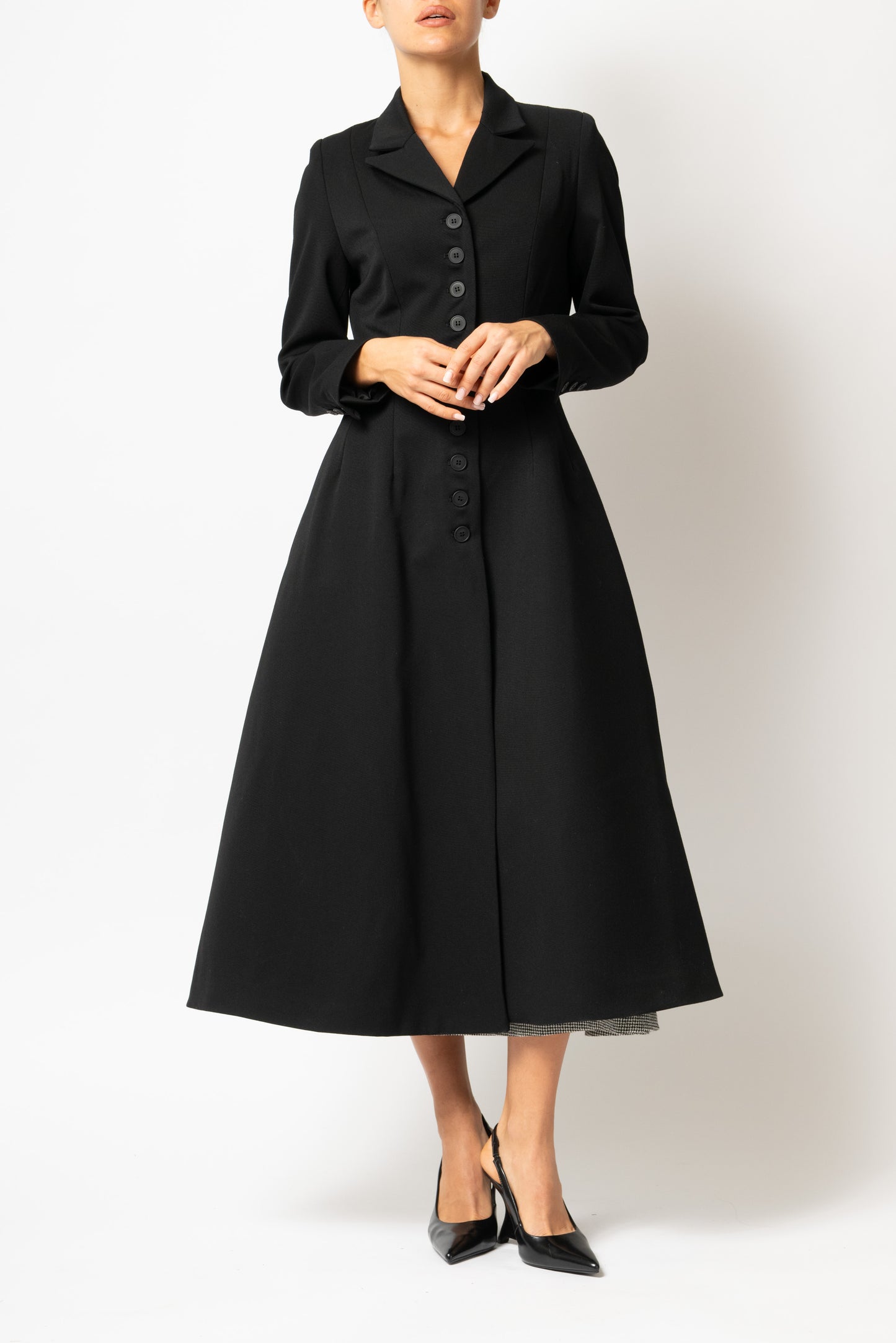 Palton Cambrat Tip Clopot din Stofa de Lana, Negru