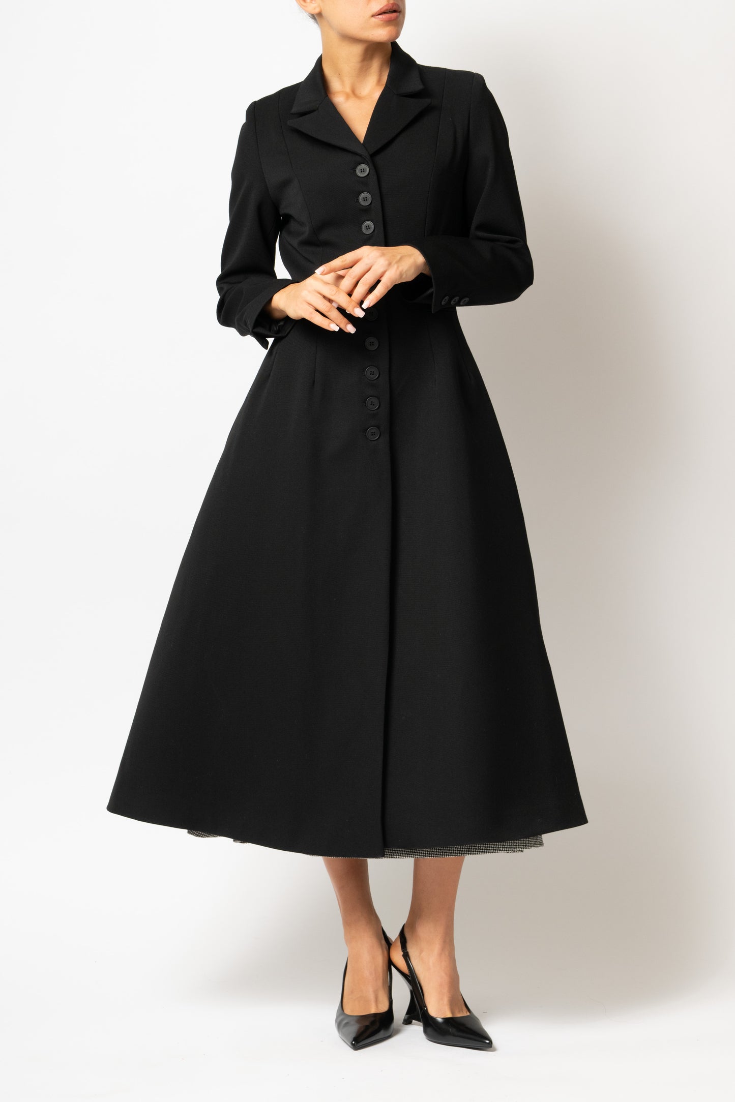 Palton Cambrat Tip Clopot din Stofa de Lana, Negru