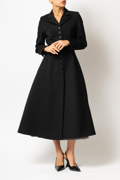 Palton Cambrat Tip Clopot din Stofa de Lana, Negru