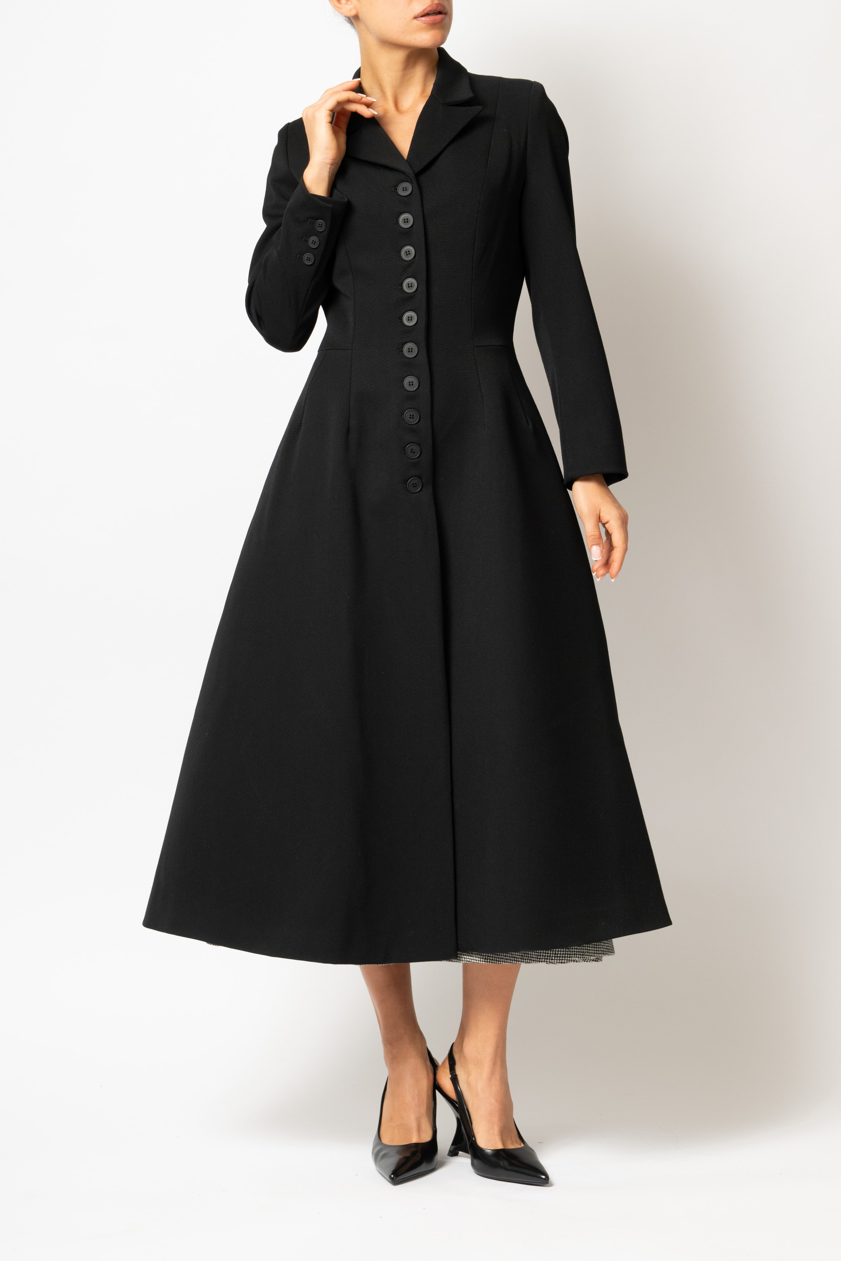 Palton Cambrat Tip Clopot din Stofa de Lana, Negru