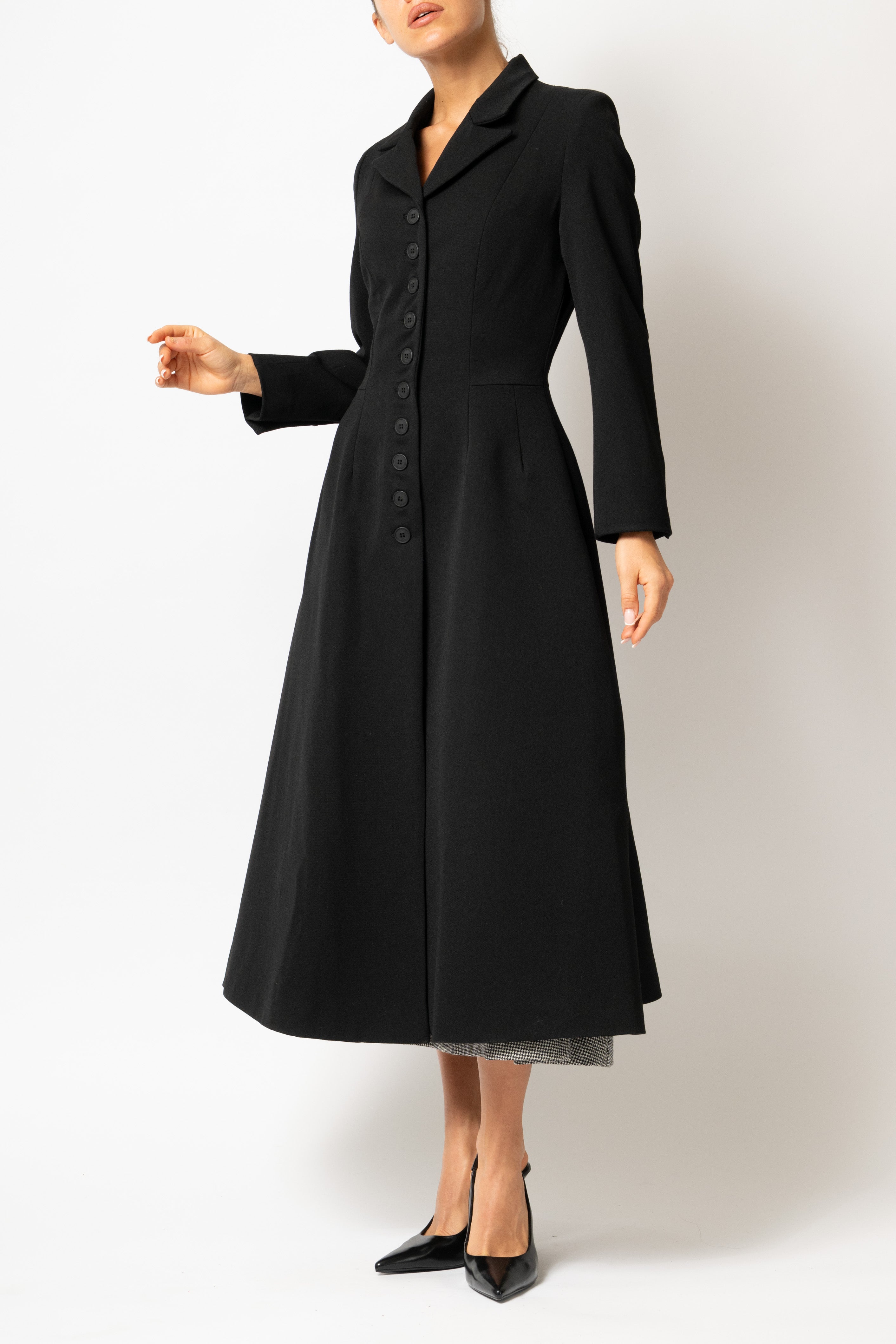 Palton Cambrat Tip Clopot din Stofa de Lana, Negru