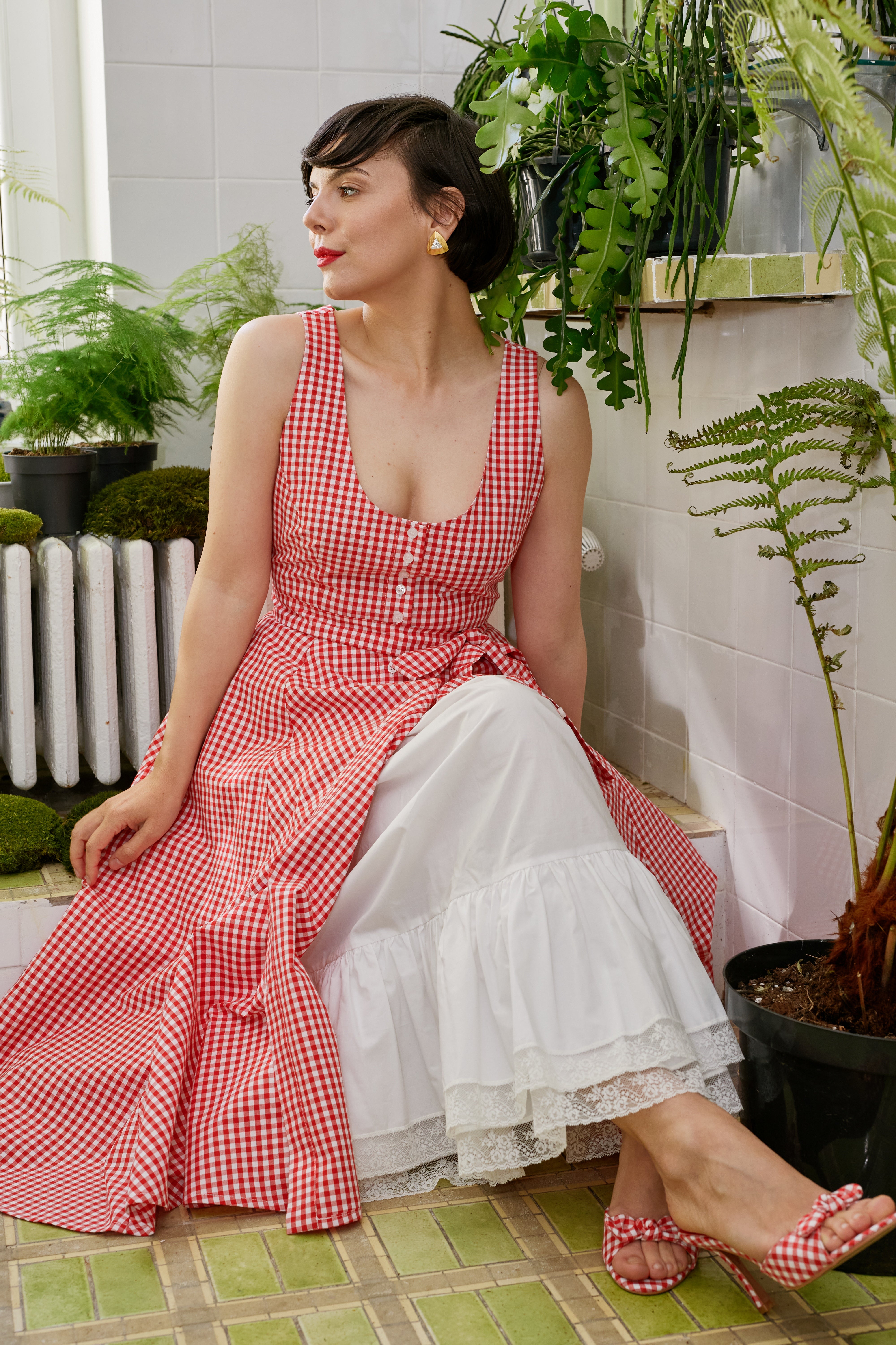 Rochie Midi cu Decolteu Rotund, din Bumbac in Carouri Rosii
