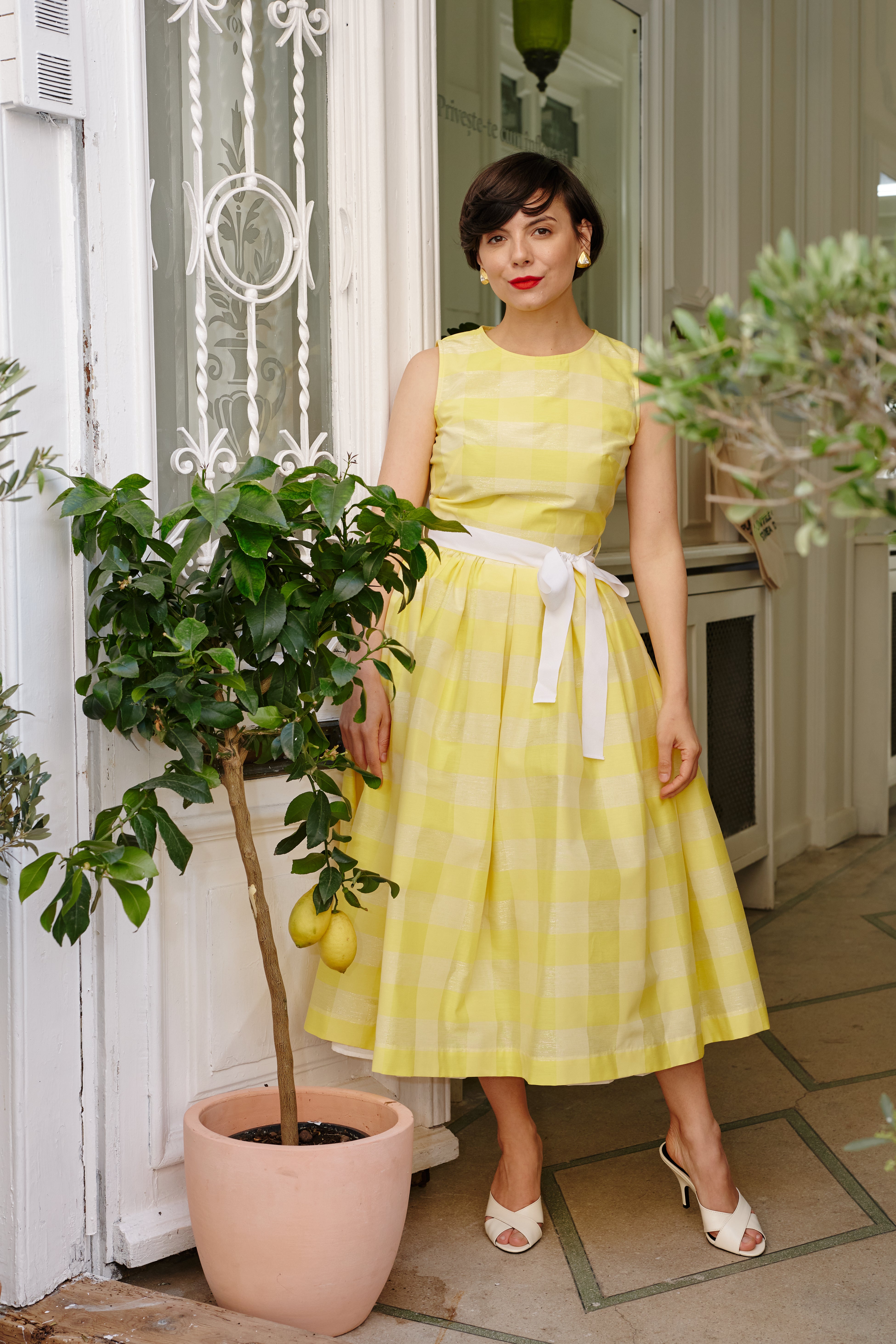 Rochie Midi in Carouri Mari, Galbena