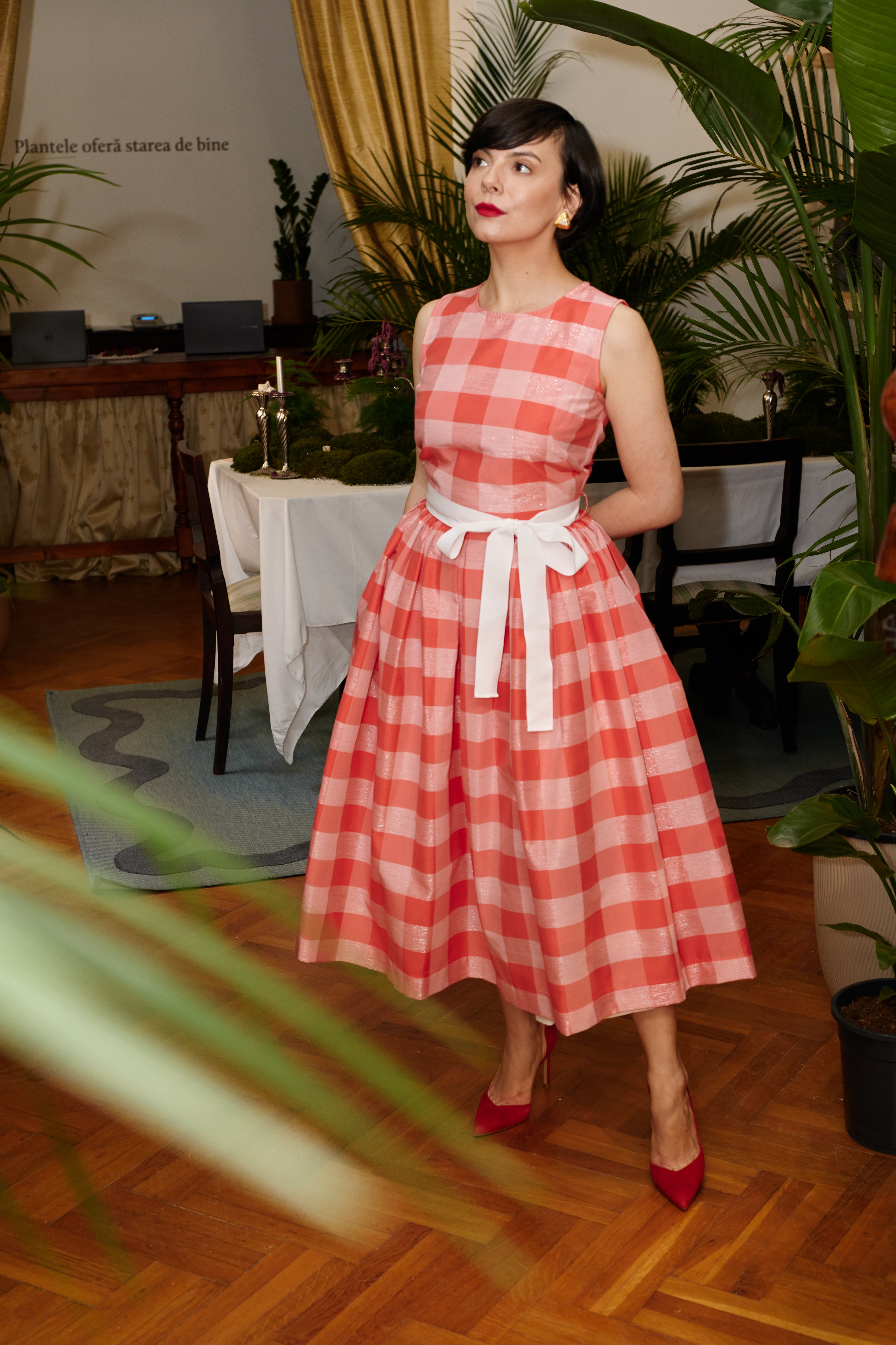 Light blue checked cotton midi dress with white cuffs and collar
